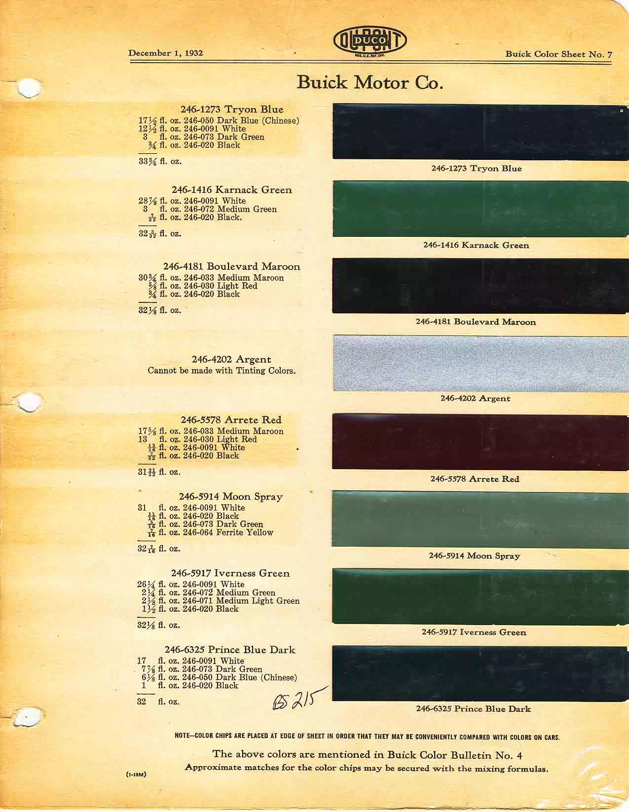 Color chart for 1932 motor vehicles exterior paint code.  Examples of Colors and ordering codes.