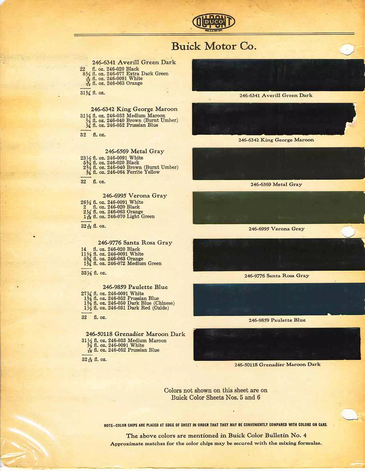 Color chart for 1932 motor vehicles exterior paint code.  Examples of Colors and ordering codes.