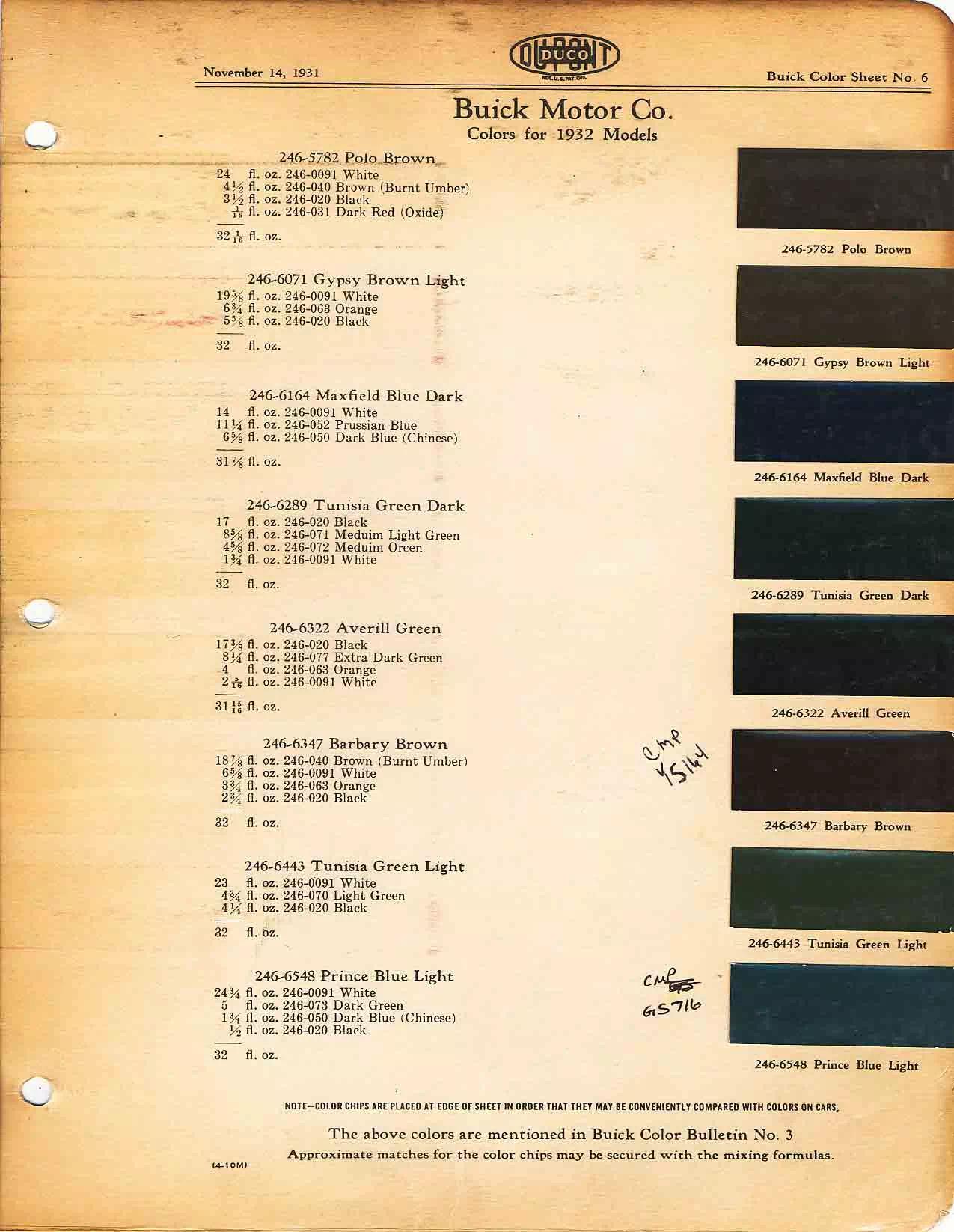 Color chart for 1932 motor vehicles exterior paint code.  Examples of Colors and ordering codes.