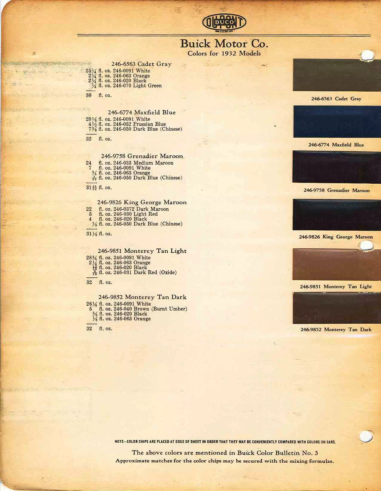 Color chart for 1932 motor vehicles exterior paint code.  Examples of Colors and ordering codes.