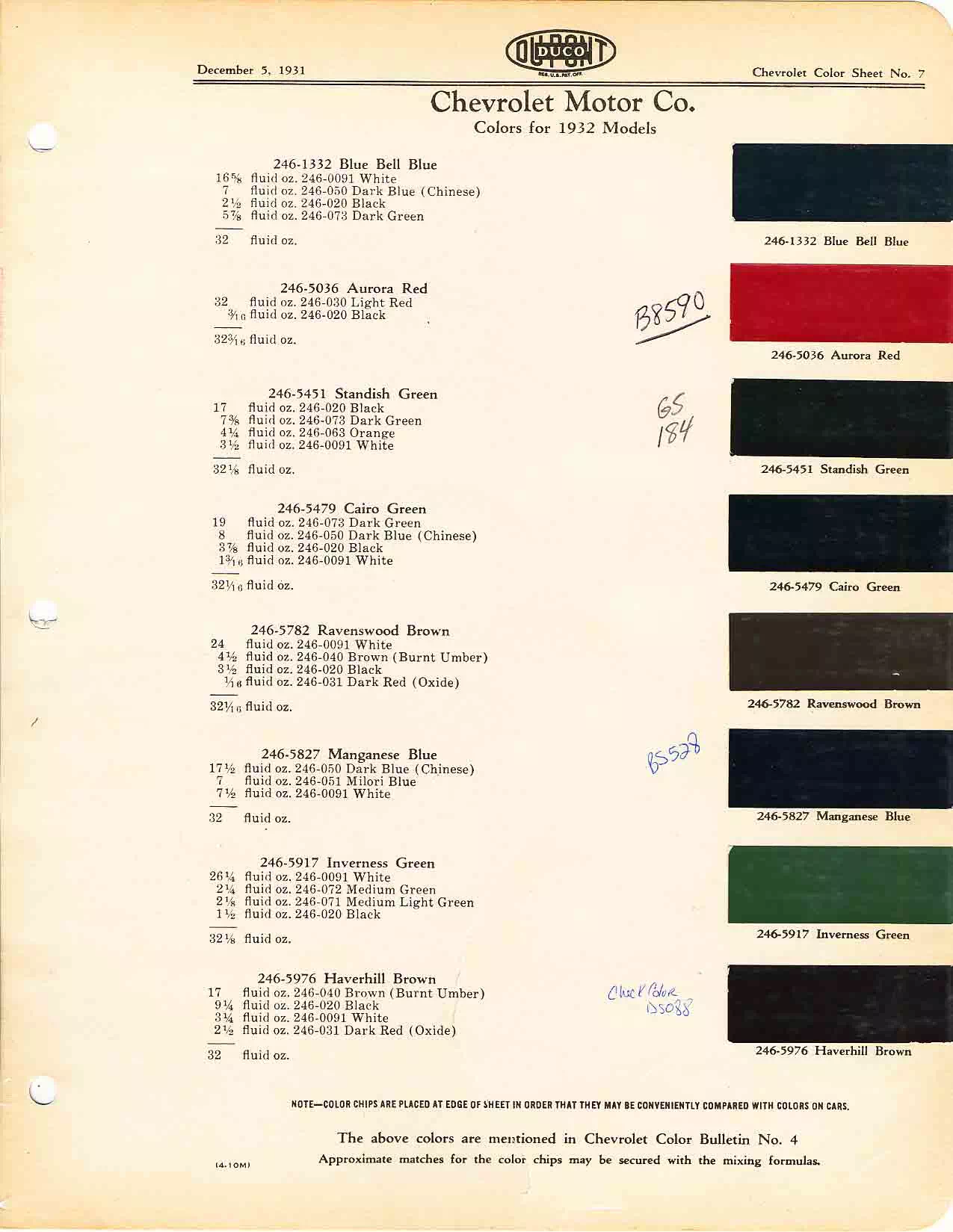 Color chart for 1932 motor vehicles exterior paint code.  Examples of Colors and ordering codes.