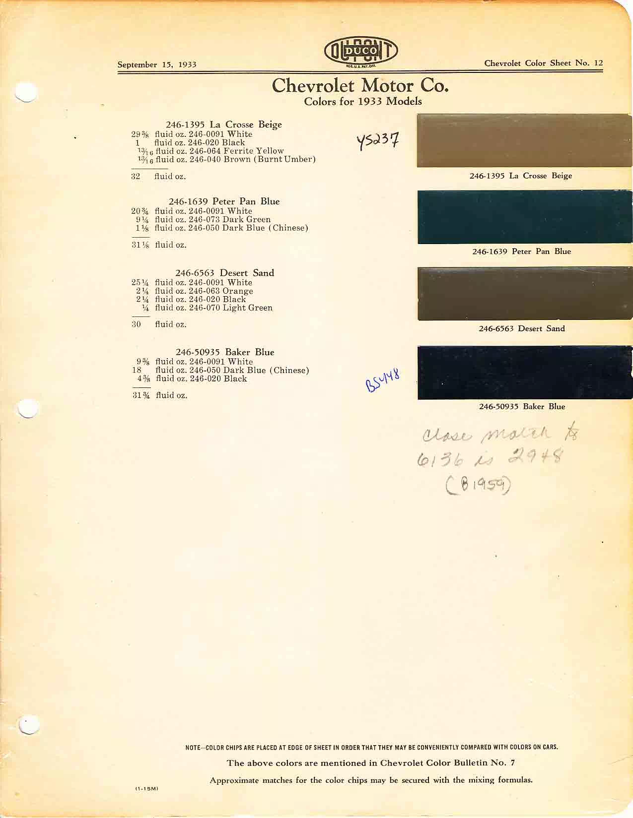 Color chart for 1932 motor vehicles exterior paint code.  Examples of Colors and ordering codes.