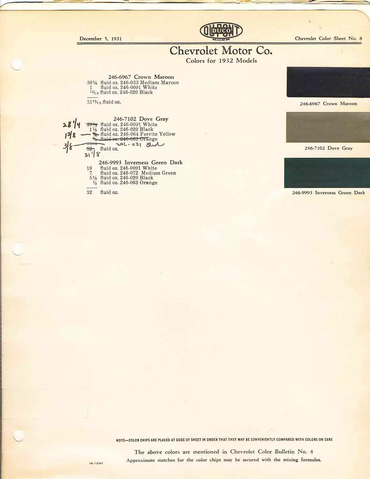 Color chart for 1932 motor vehicles exterior paint code.  Examples of Colors and ordering codes.