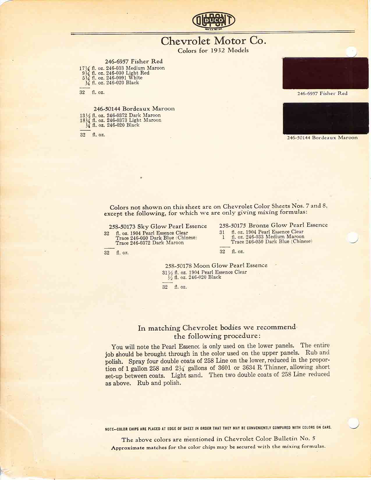 Colors and codes used on Chevrolet Vehicles in 1932