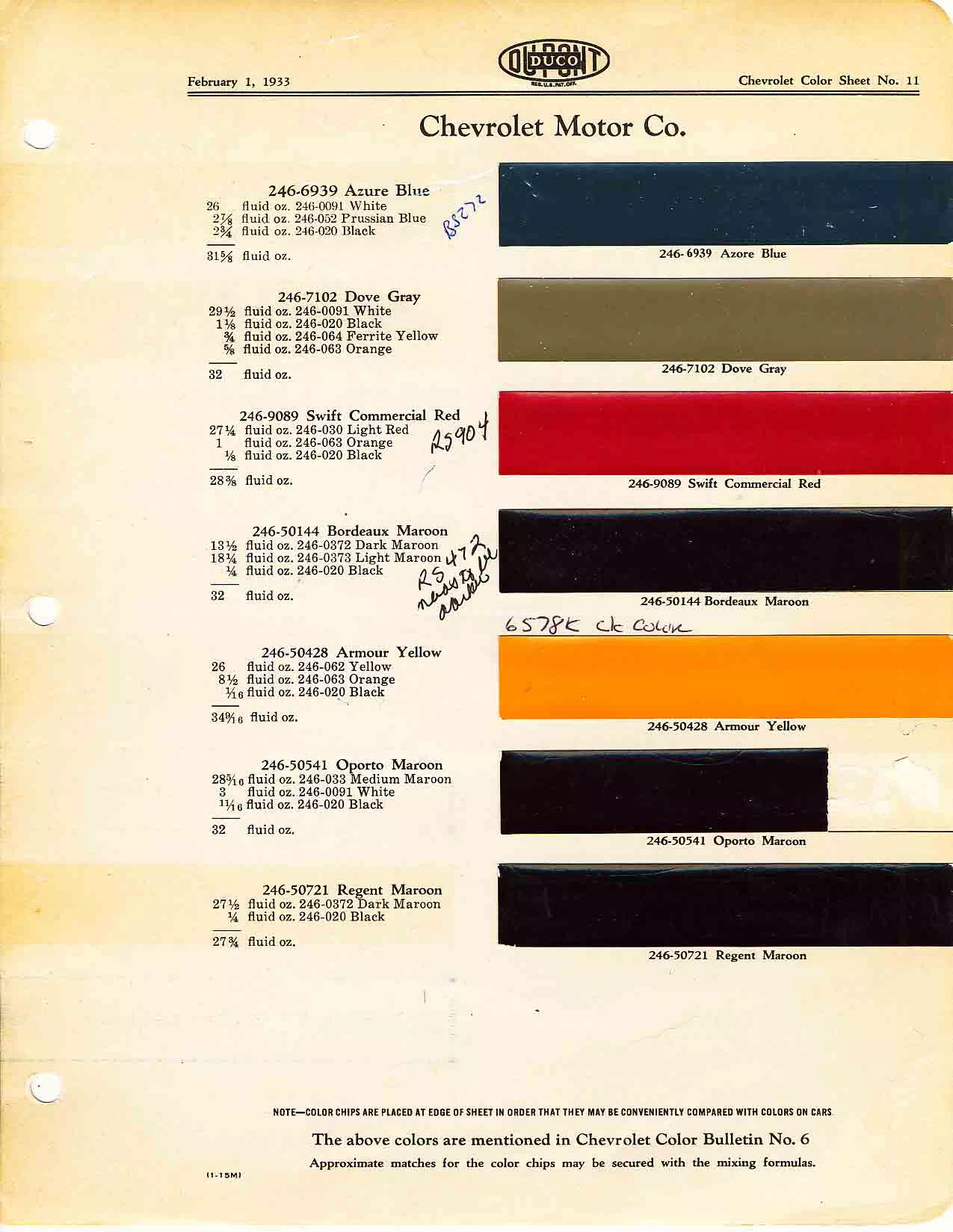 Color chart for 1932 motor vehicles exterior paint code.  Examples of Colors and ordering codes.