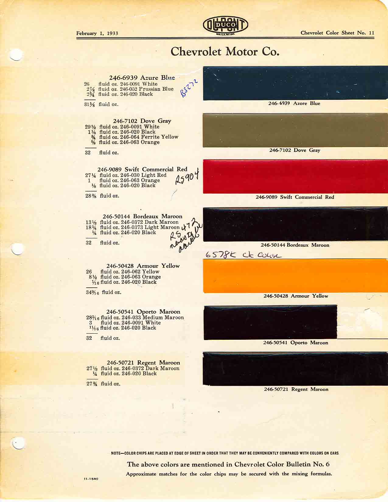 Colors and codes used on Chevrolet Vehicles in 1932