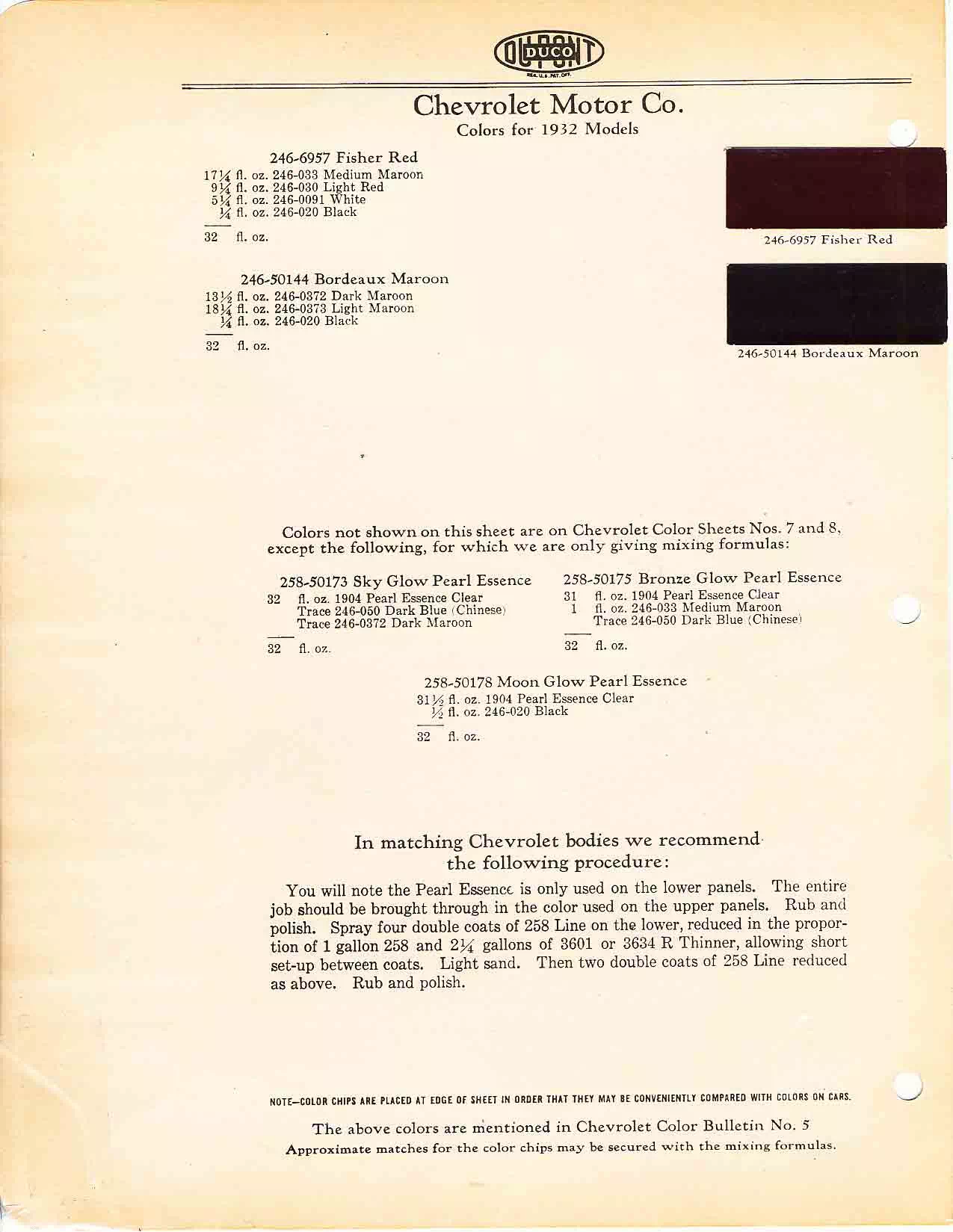 Color chart for 1932 motor vehicles exterior paint code.  Examples of Colors and ordering codes.