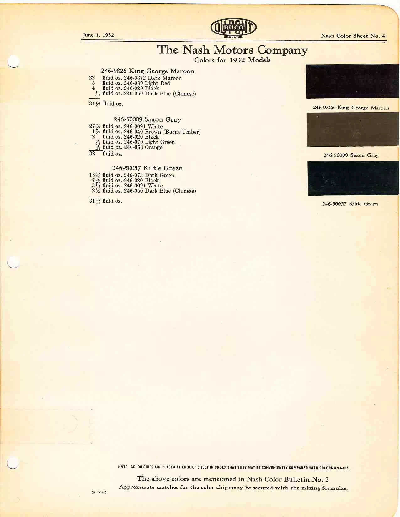 Color chart for 1932 motor vehicles exterior paint code.  Examples of Colors and ordering codes.