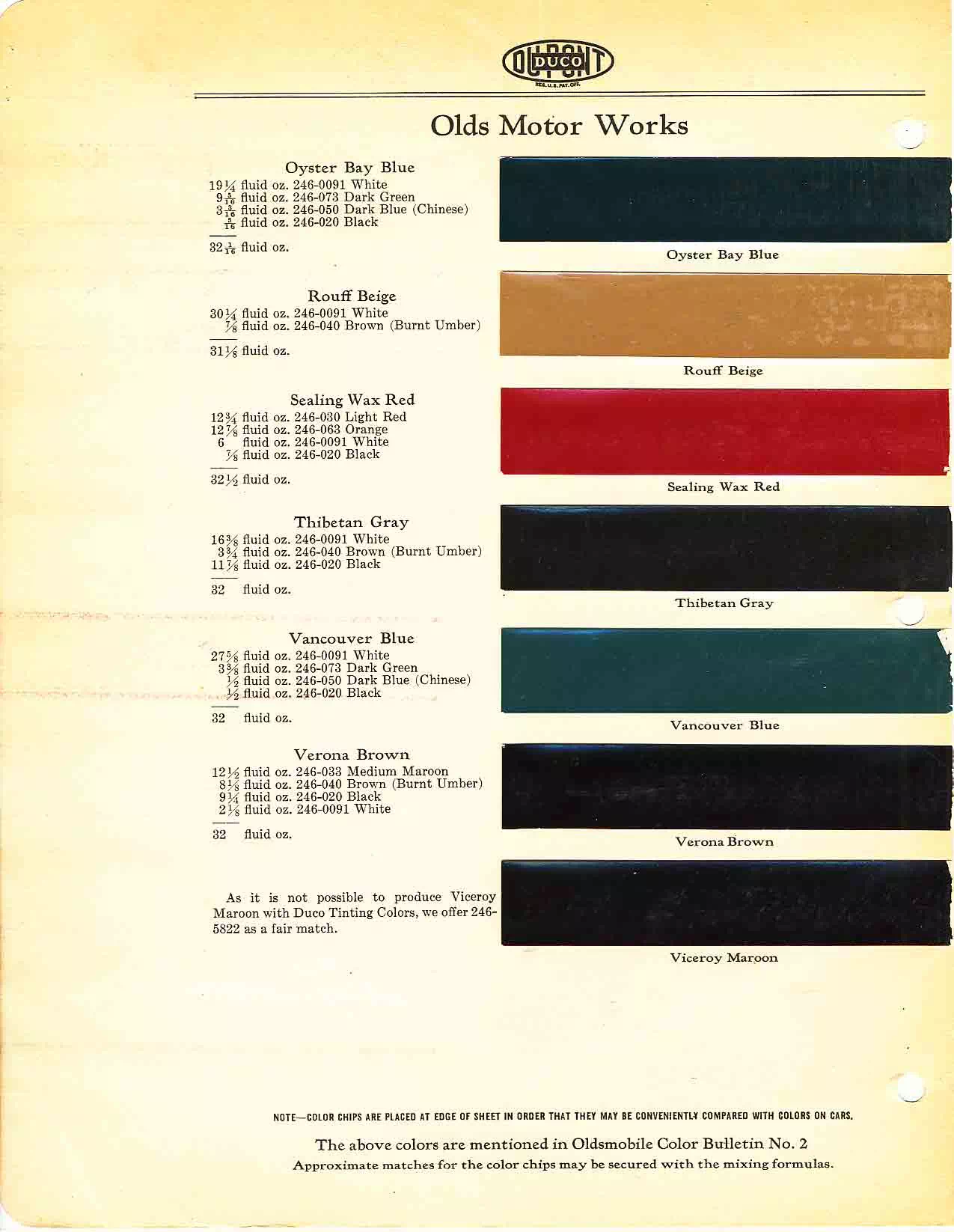 Color chart for 1932 motor vehicles exterior paint code.  Examples of Colors and ordering codes.