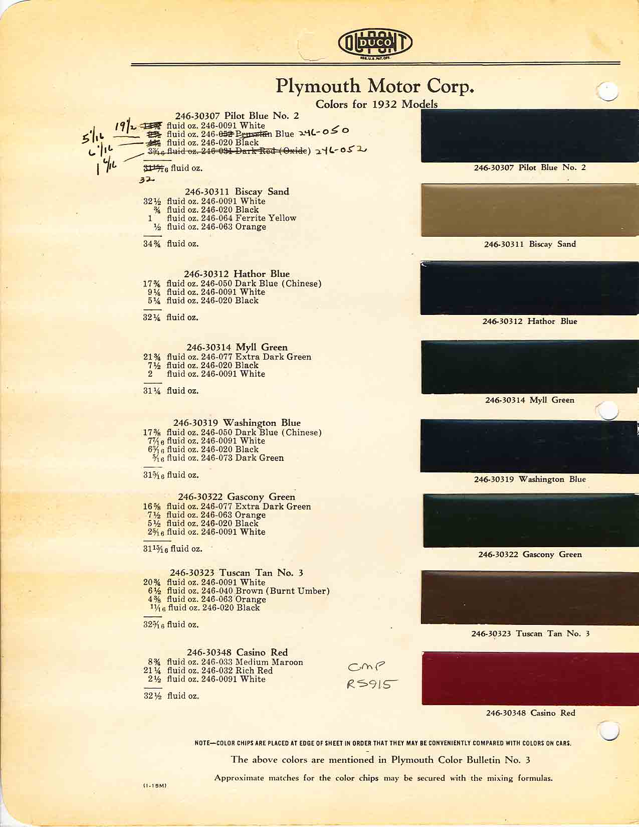 Color chart for 1932 motor vehicles exterior paint code.  Examples of Colors and ordering codes.