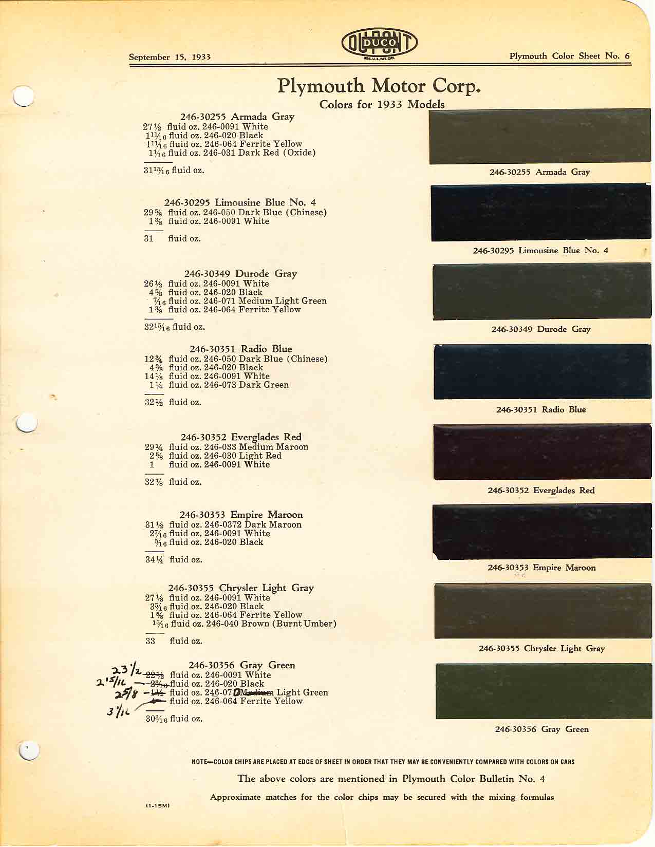 Color chart for 1932 motor vehicles exterior paint code.  Examples of Colors and ordering codes.