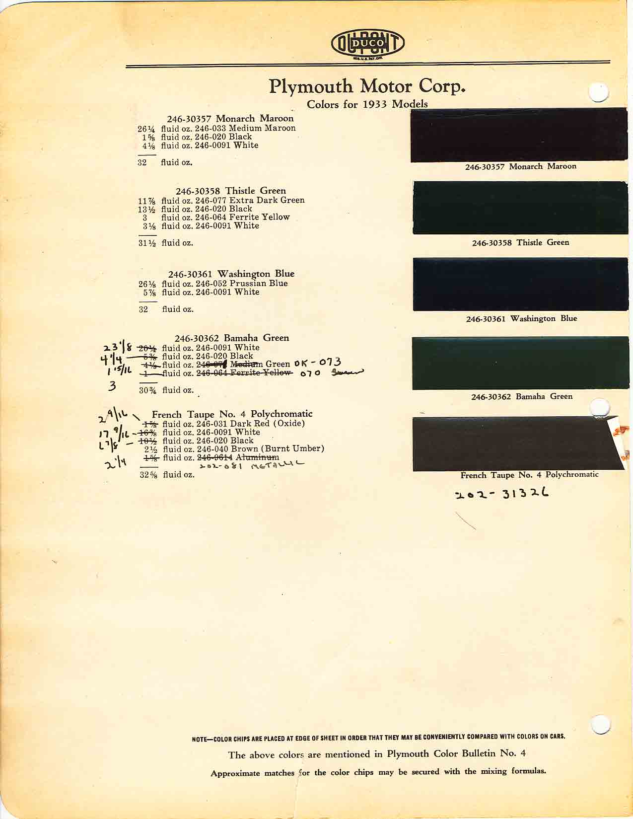 Color chart for 1932 motor vehicles exterior paint code.  Examples of Colors and ordering codes.