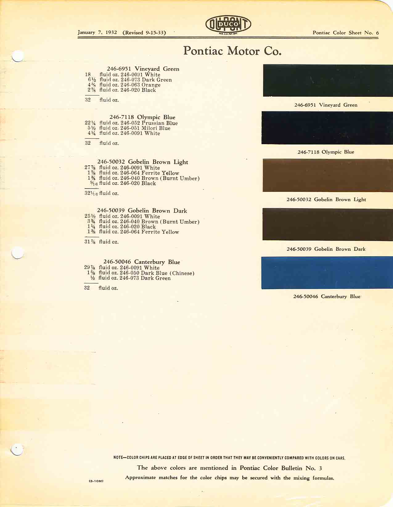 Color chart for 1932 motor vehicles exterior paint code.  Examples of Colors and ordering codes.