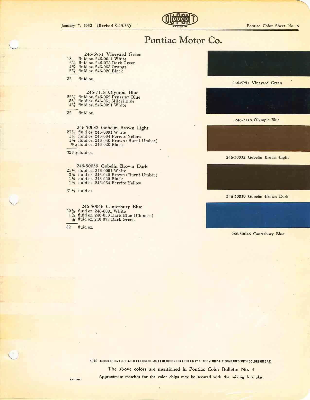 Chart that shows the Colors used on Pontiac Vehicles and the Code to look them up.