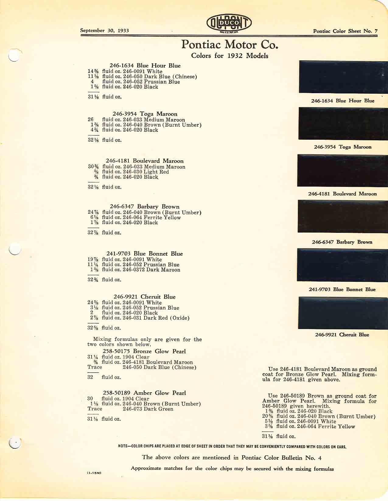 Color chart for 1932 motor vehicles exterior paint code.  Examples of Colors and ordering codes.