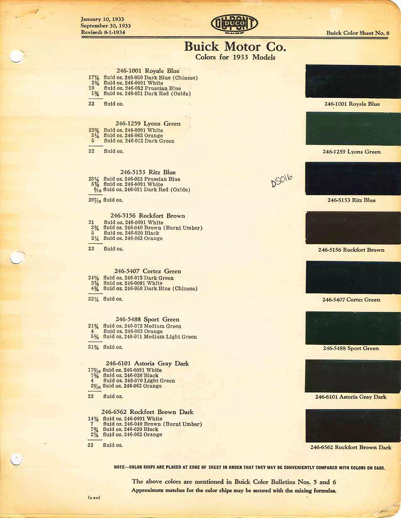 Color chart for 1933 motor vehicles exterior paint code.  Examples of Colors and ordering codes.