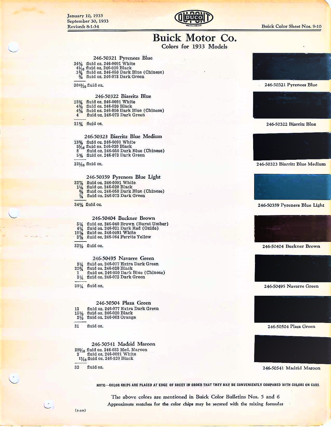 Color chart for 1933 motor vehicles exterior paint code.  Examples of Colors and ordering codes.