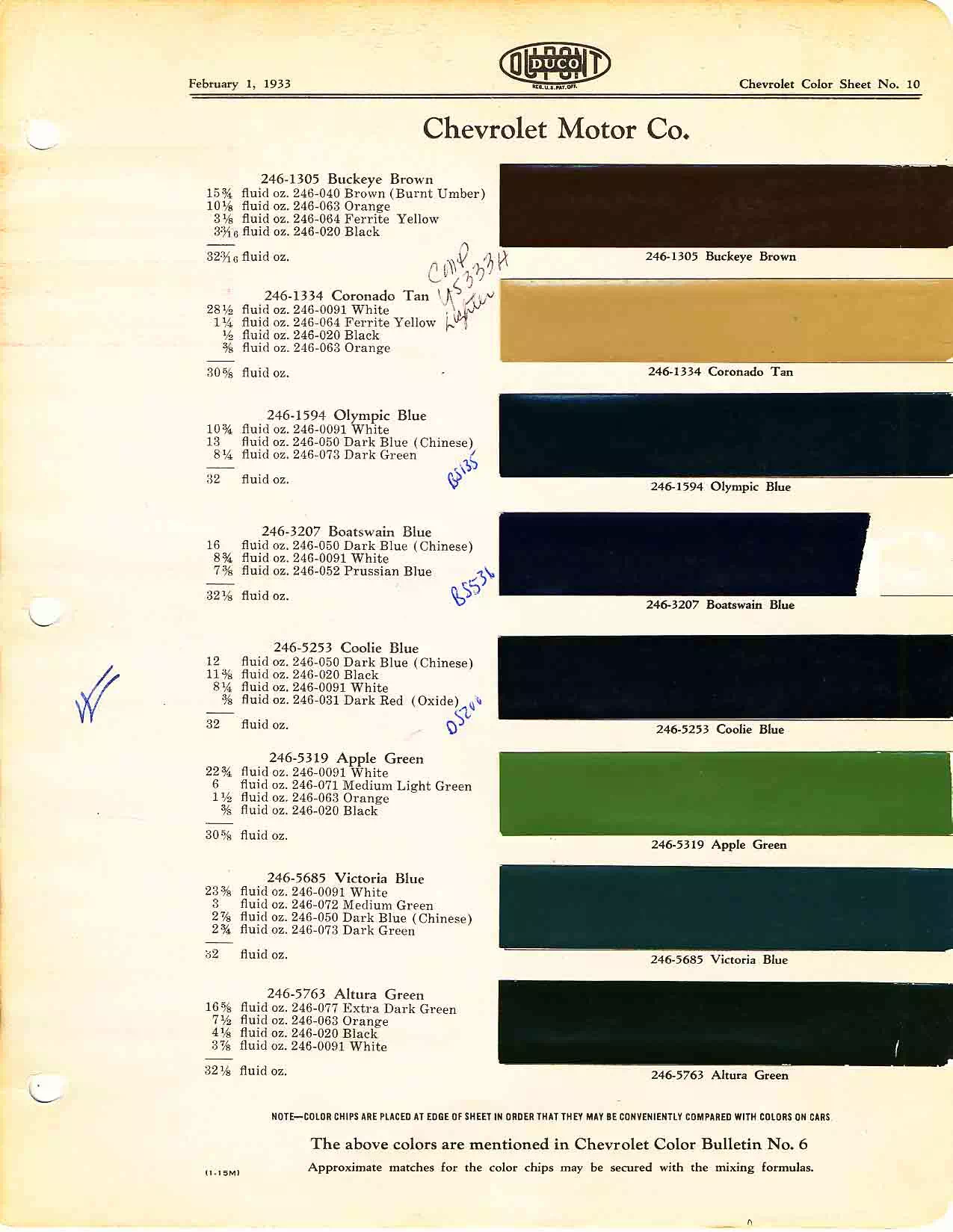 Color chart for 1933 motor vehicles exterior paint code.  Examples of Colors and ordering codes.