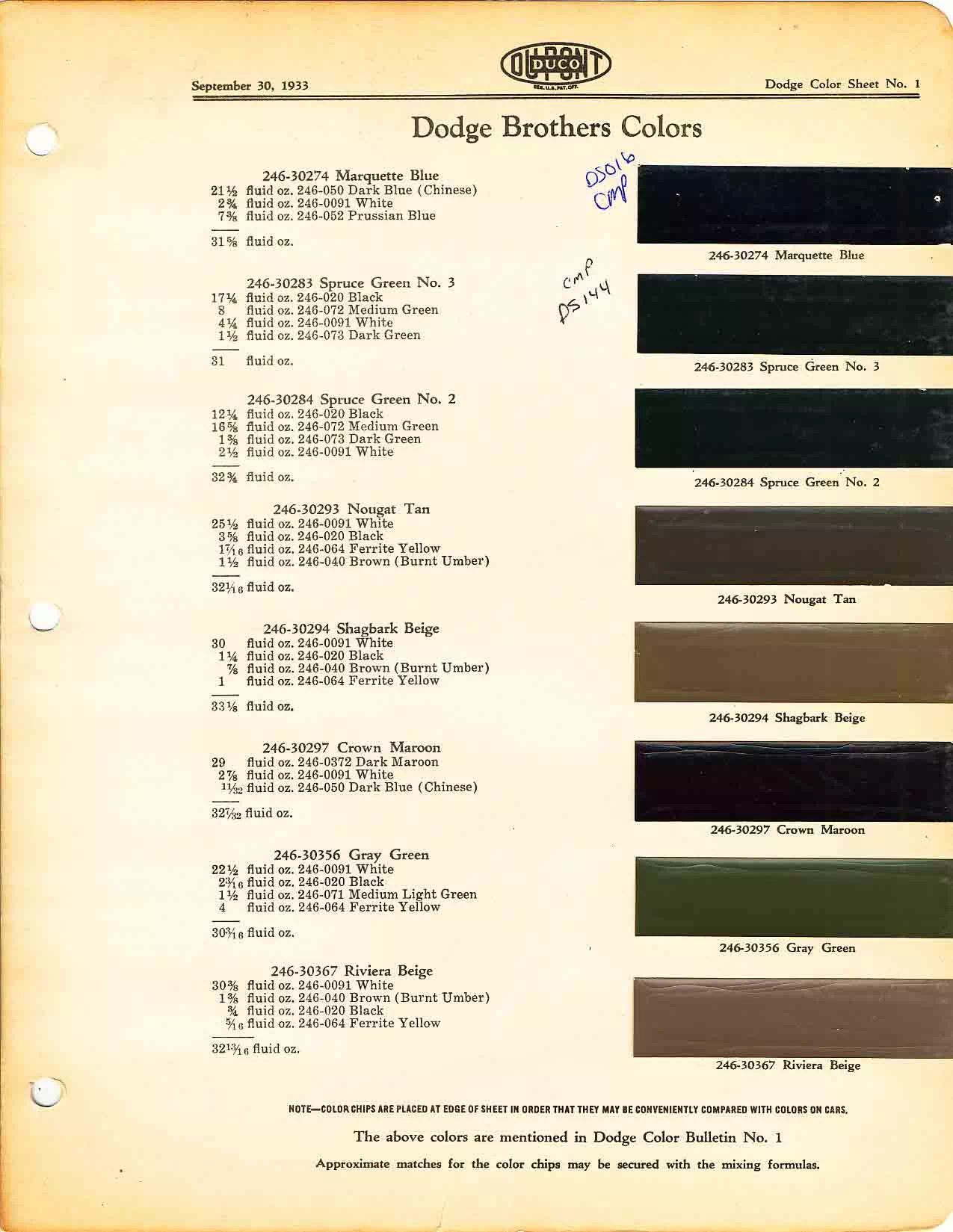 Color chart for 1933 motor vehicles exterior paint code.  Examples of Colors and ordering codes.