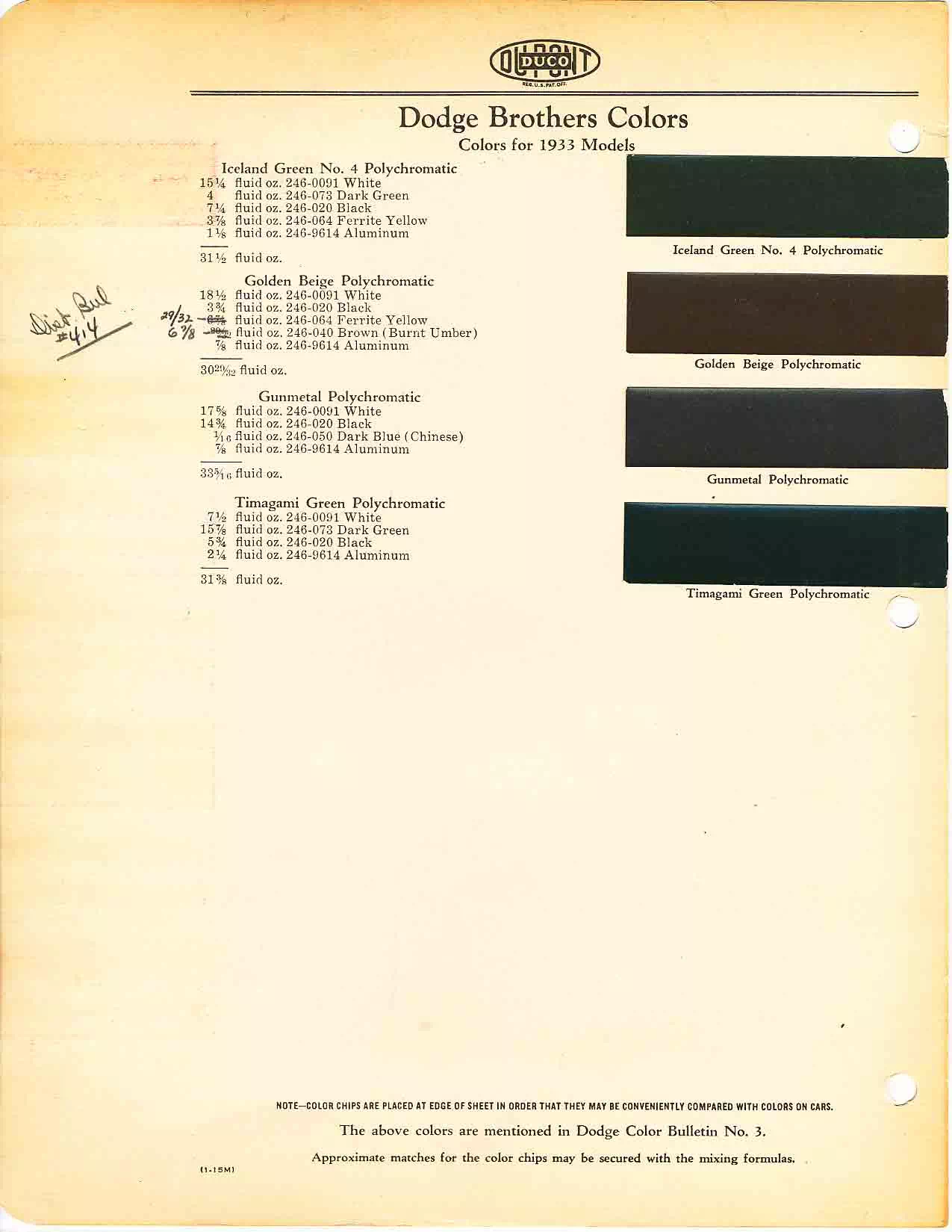 Color chart for 1933 motor vehicles exterior paint code.  Examples of Colors and ordering codes.