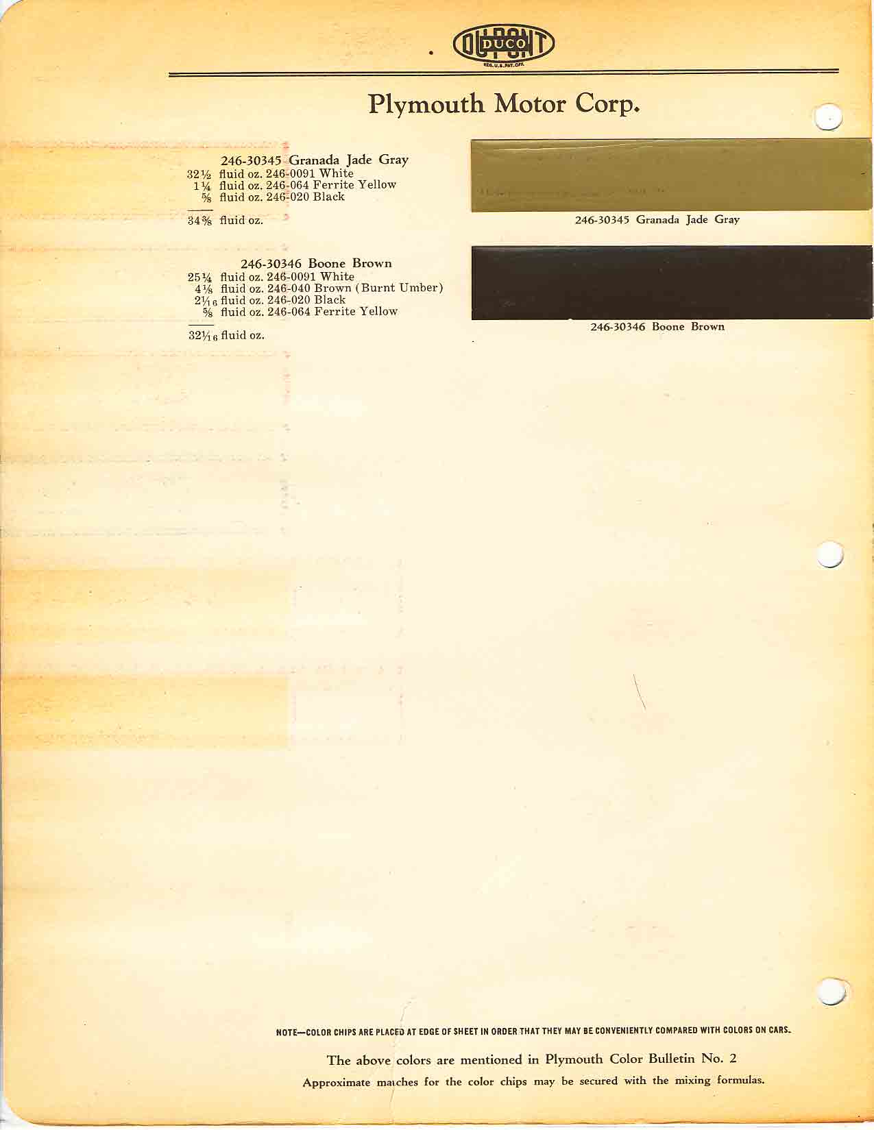 Color chart for 1933 motor vehicles exterior paint code.  Examples of Colors and ordering codes.