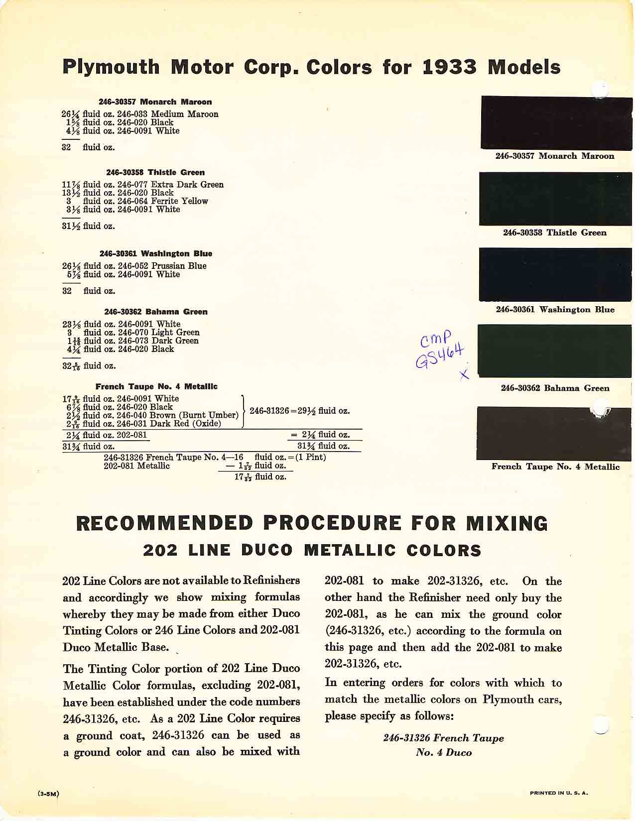 Color chart for 1933 motor vehicles exterior paint code.  Examples of Colors and ordering codes.