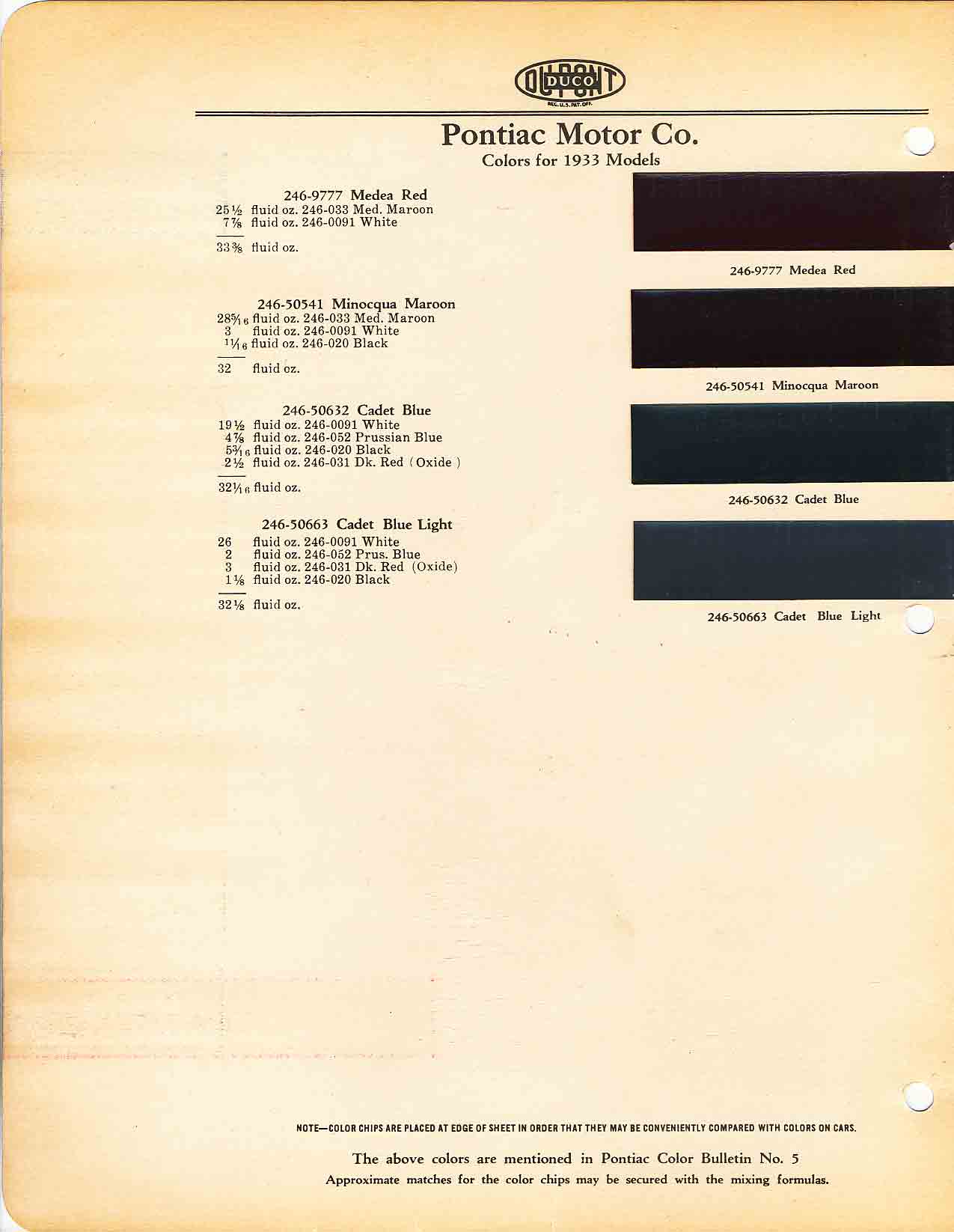 1933 Pontiac Paint Codes & Color Chart Color chart for 1933 motor vehicles exterior paint code. Examples of Colors and ordering codes.