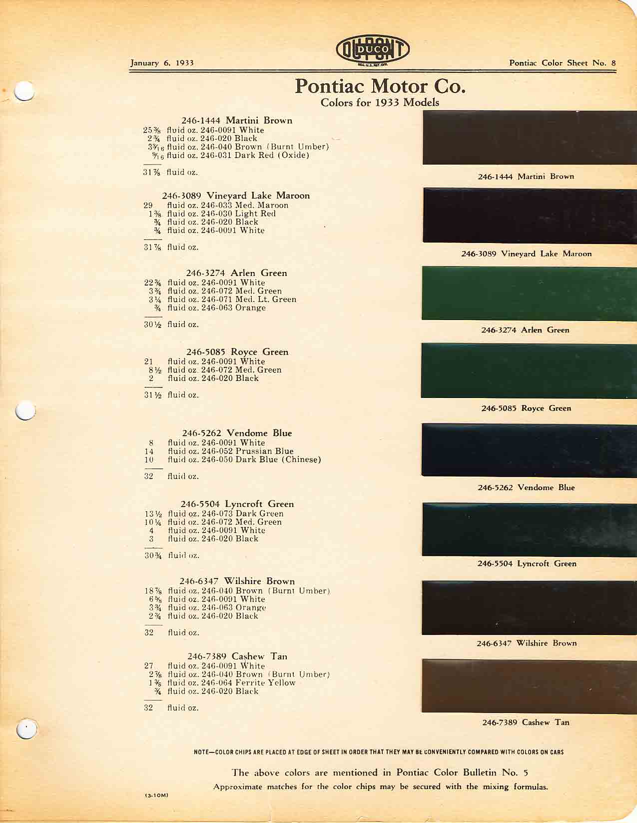1933 Pontiac Paint Codes & Color Chart Color chart for 1933 motor vehicles exterior paint code. Examples of Colors and ordering codes.