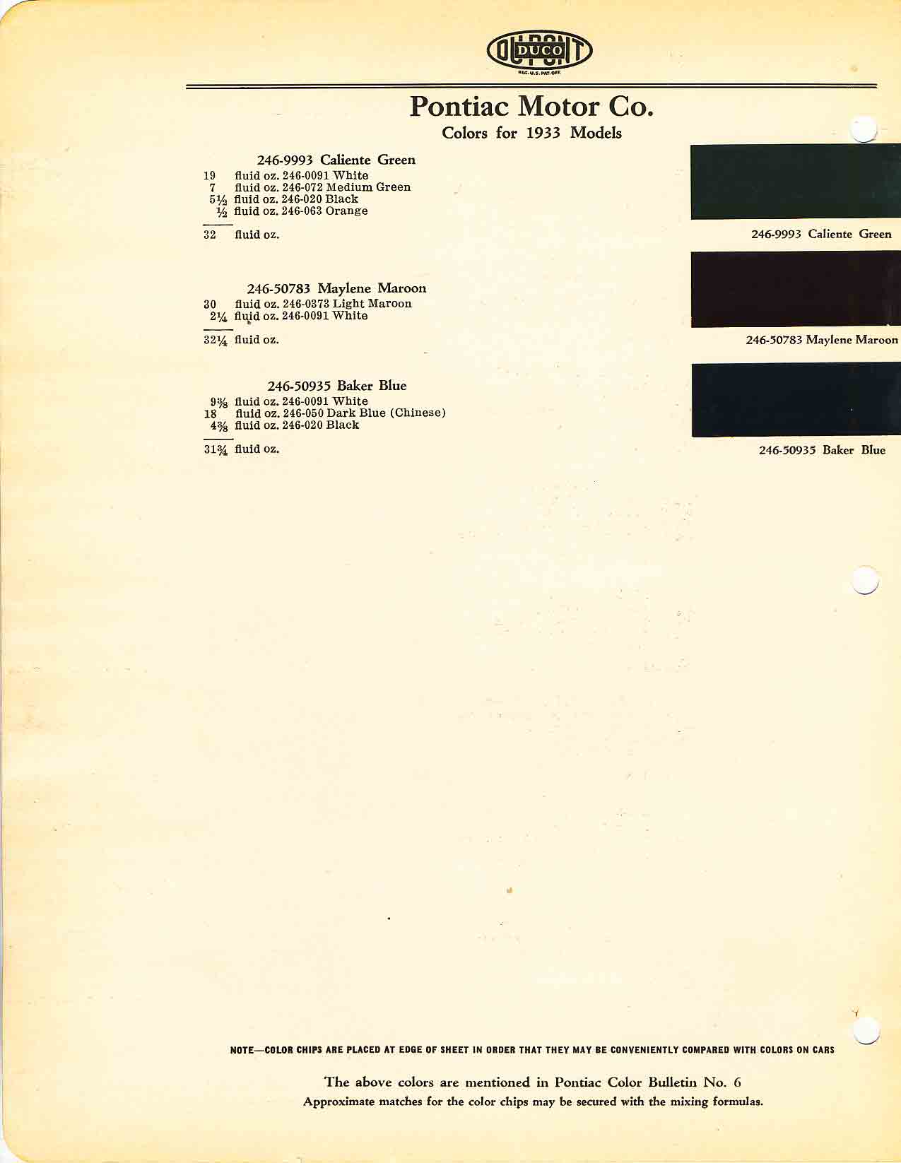 Color chart for 1933 motor vehicles exterior paint code.  Examples of Colors and ordering codes.