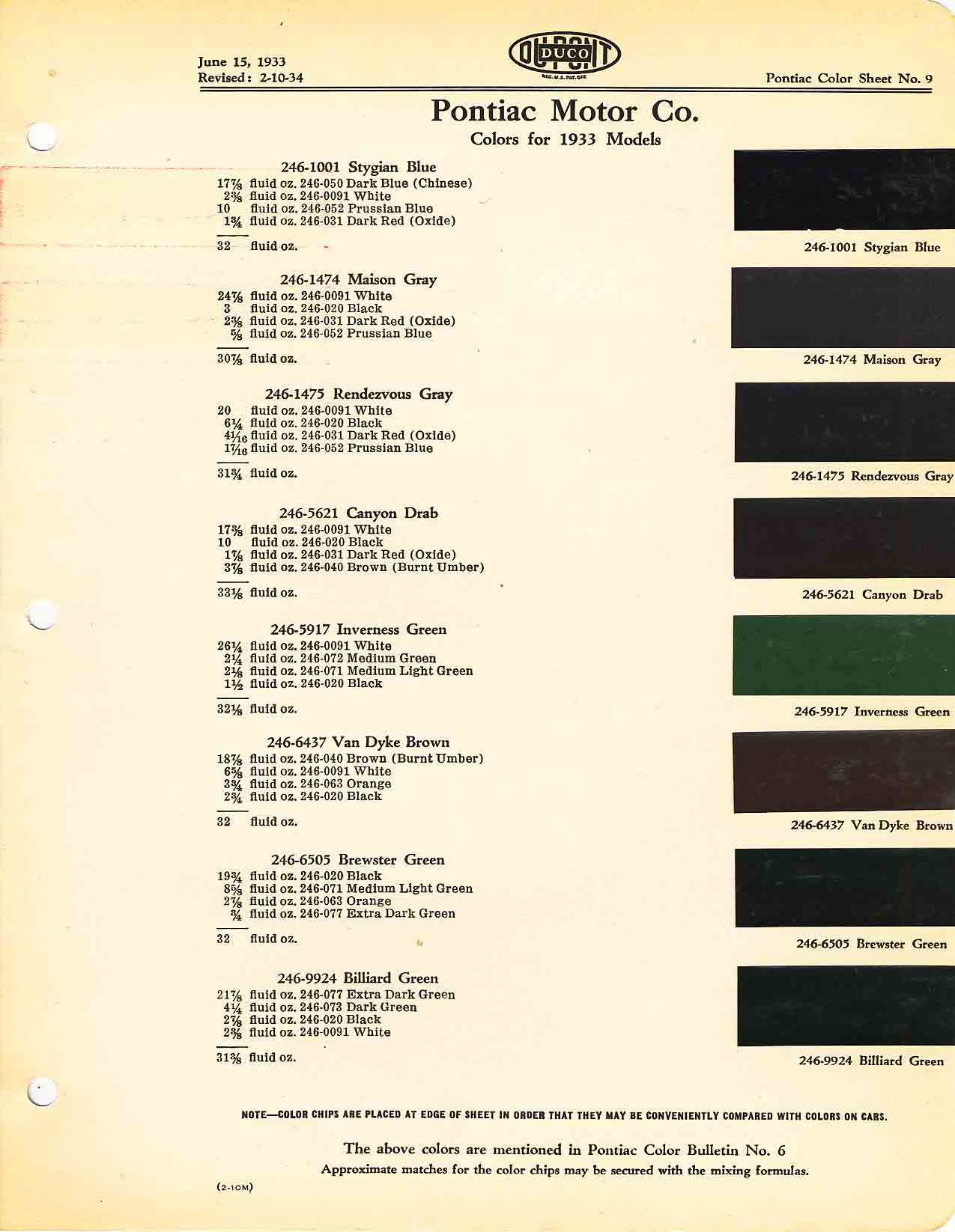 Color chart for 1933 motor vehicles exterior paint code.  Examples of Colors and ordering codes.