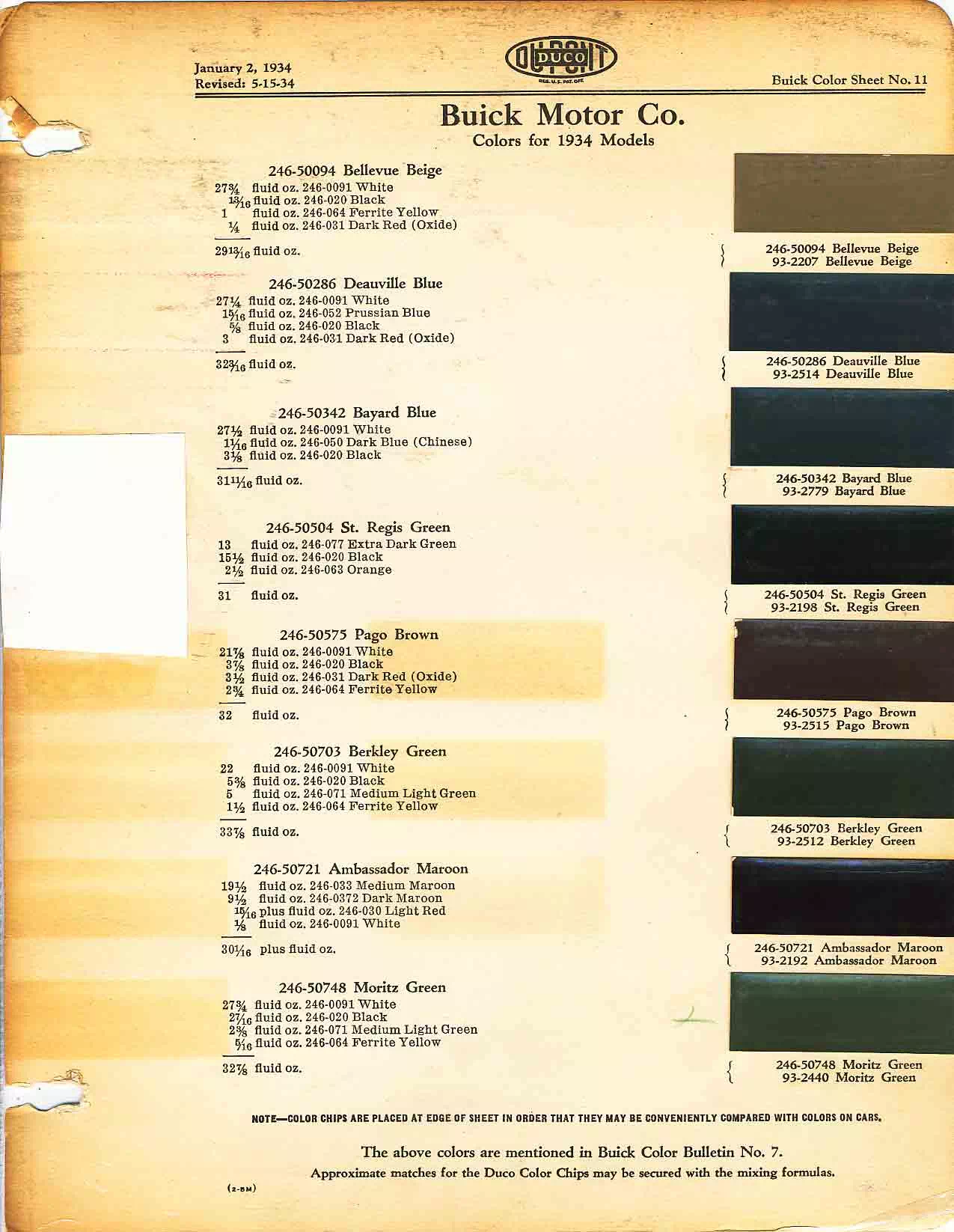 Color chart for 1934 motor vehicles exterior paint code.  Examples of Colors and ordering codes.