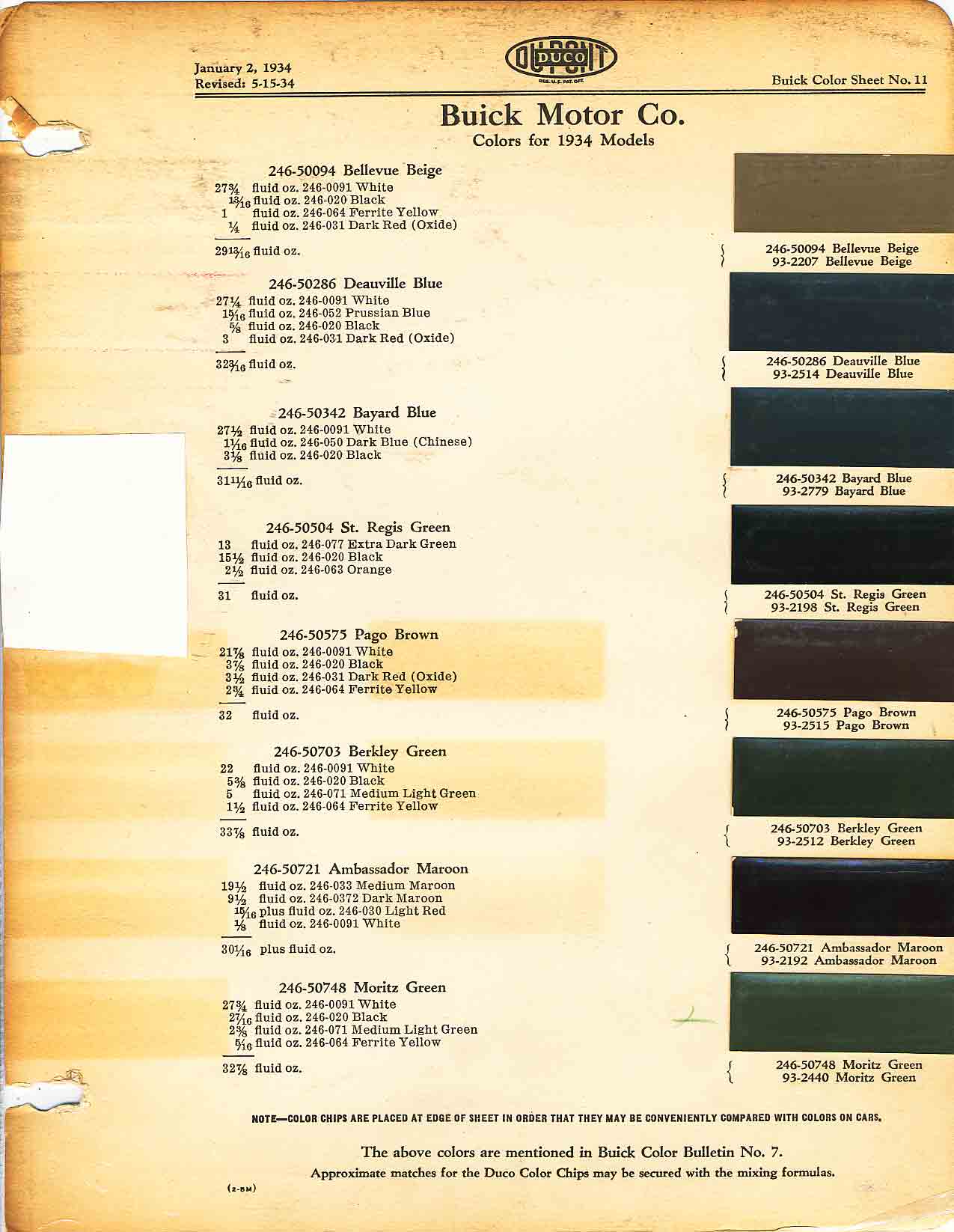 Colors and codes used on Buick Vehicles in 1934