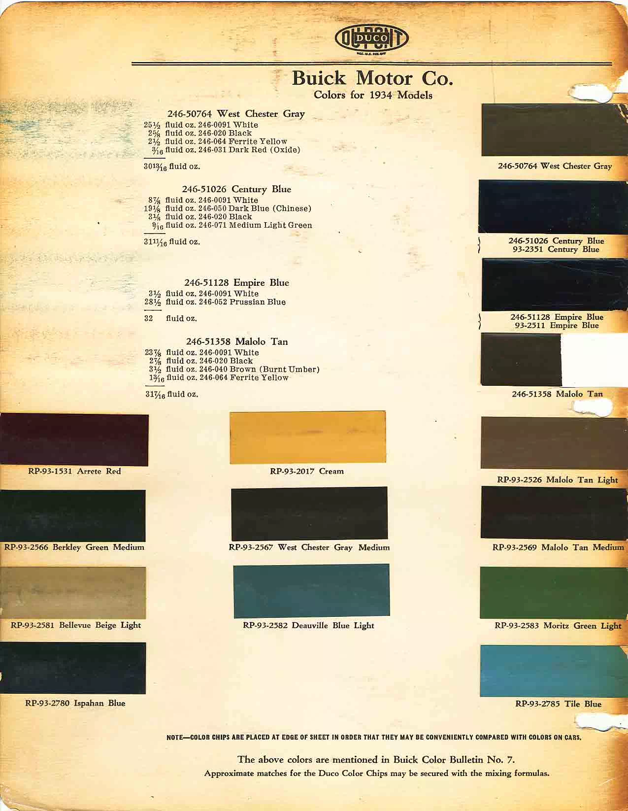 Color chart for 1934 motor vehicles exterior paint code.  Examples of Colors and ordering codes.