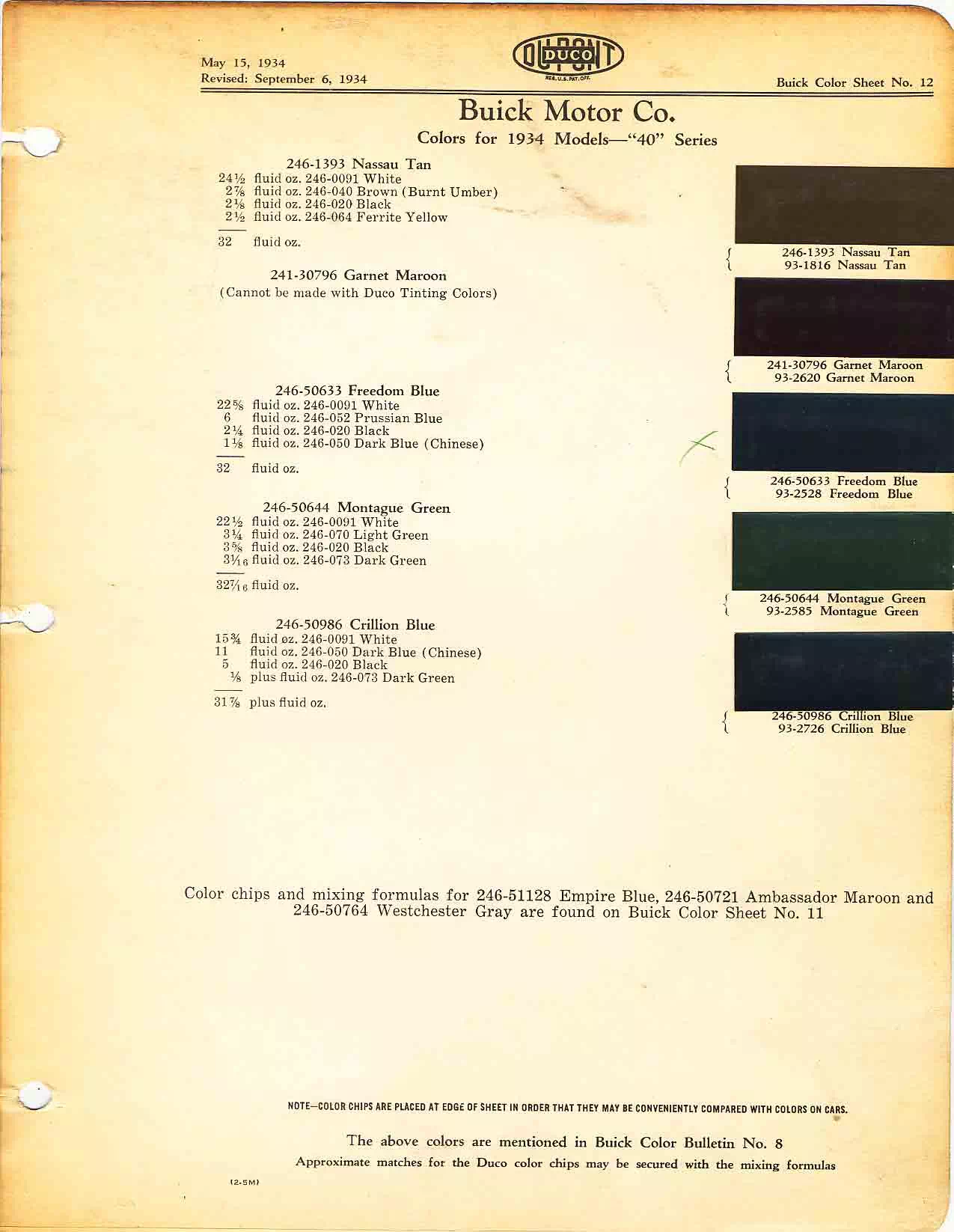 Color chart for 1934 motor vehicles exterior paint code.  Examples of Colors and ordering codes.