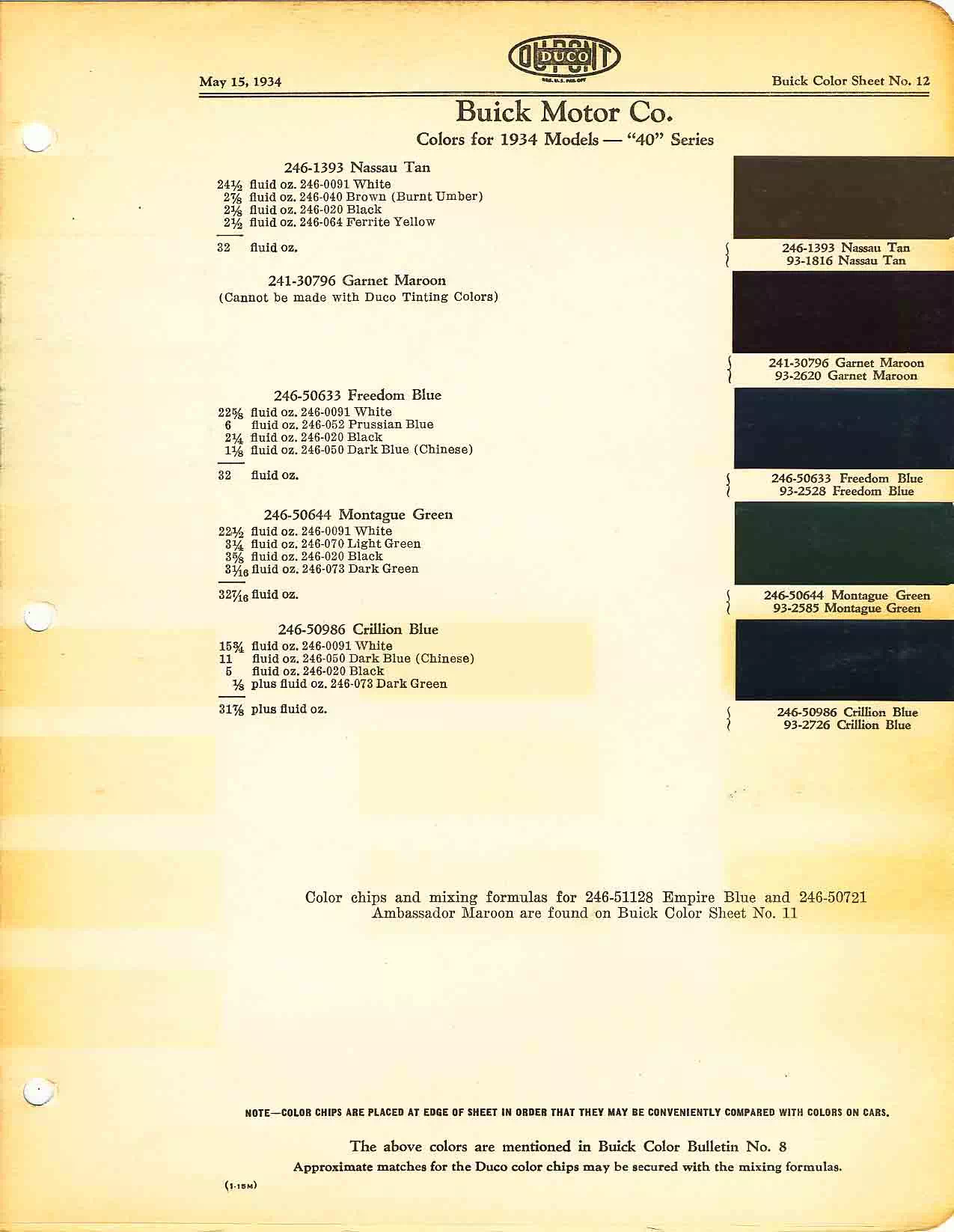 Color chart for 1934 motor vehicles exterior paint code.  Examples of Colors and ordering codes.