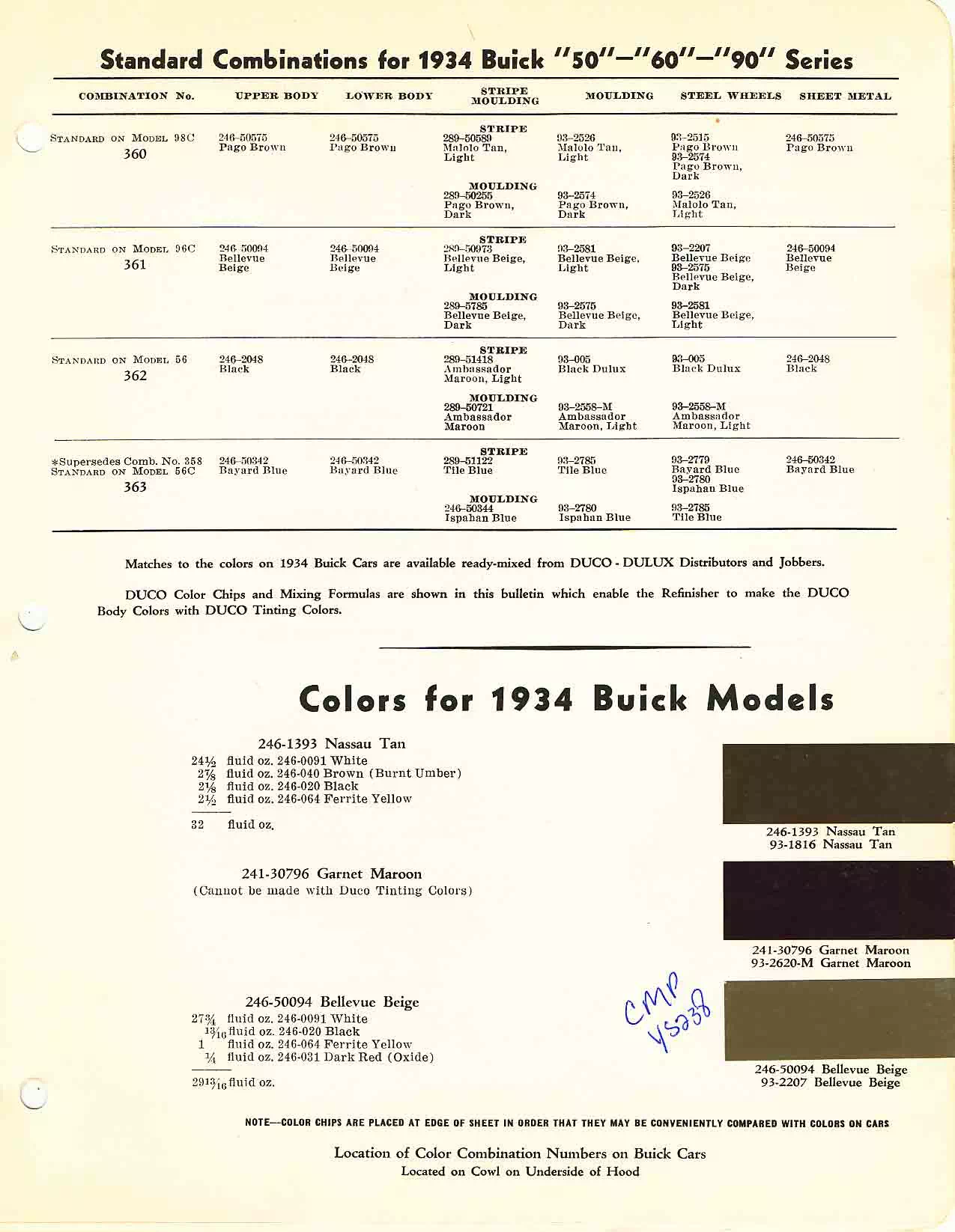 Color chart for 1934 motor vehicles exterior paint code.  Examples of Colors and ordering codes.