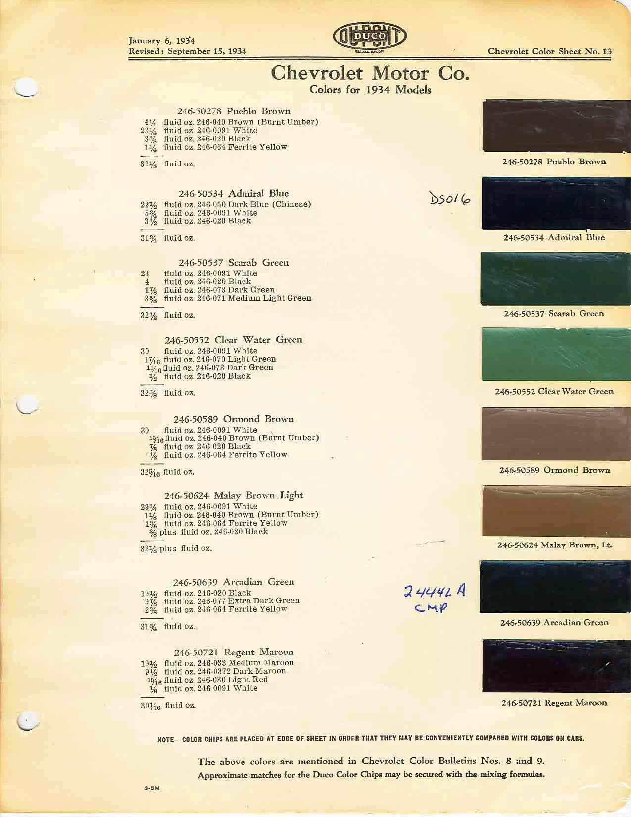 Color chart for 1934 motor vehicles exterior paint code.  Examples of Colors and ordering codes.