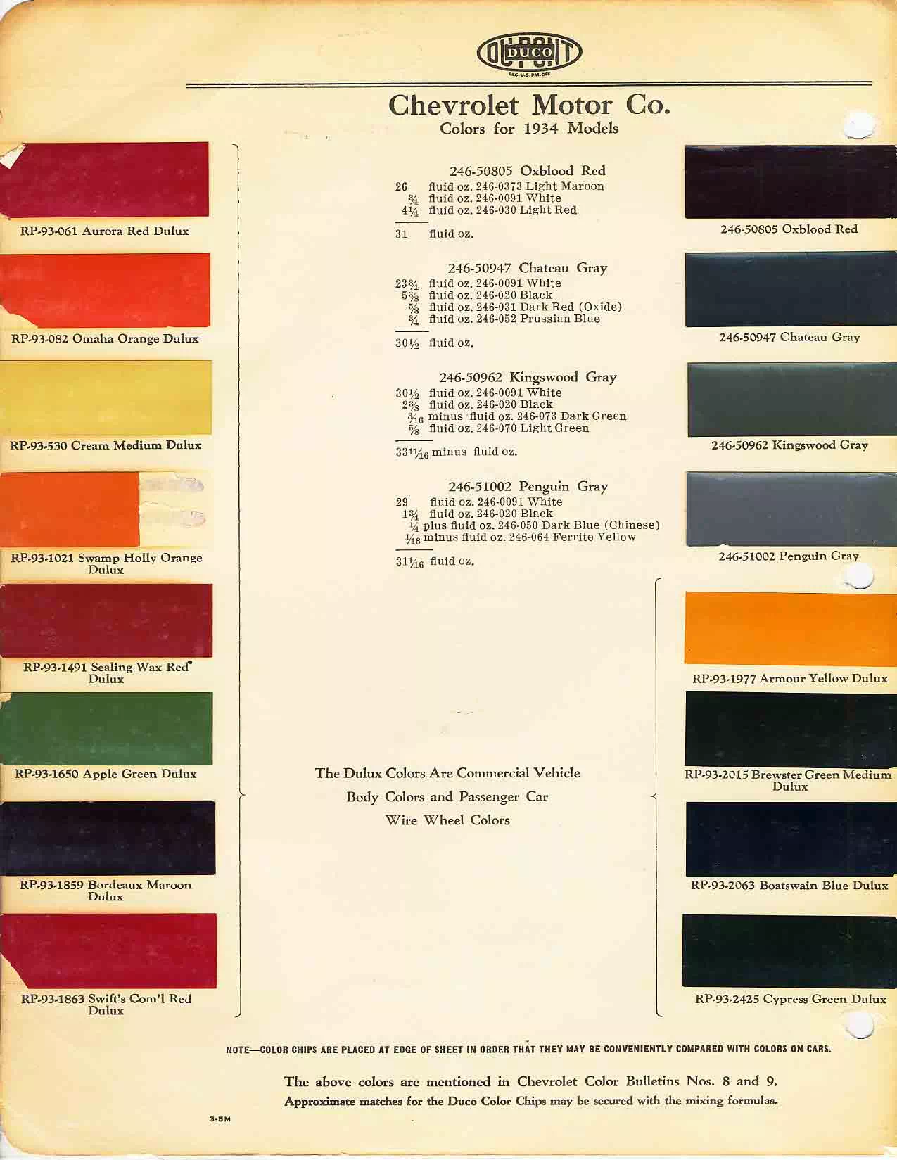 Color chart for 1934 motor vehicles exterior paint code.  Examples of Colors and ordering codes.