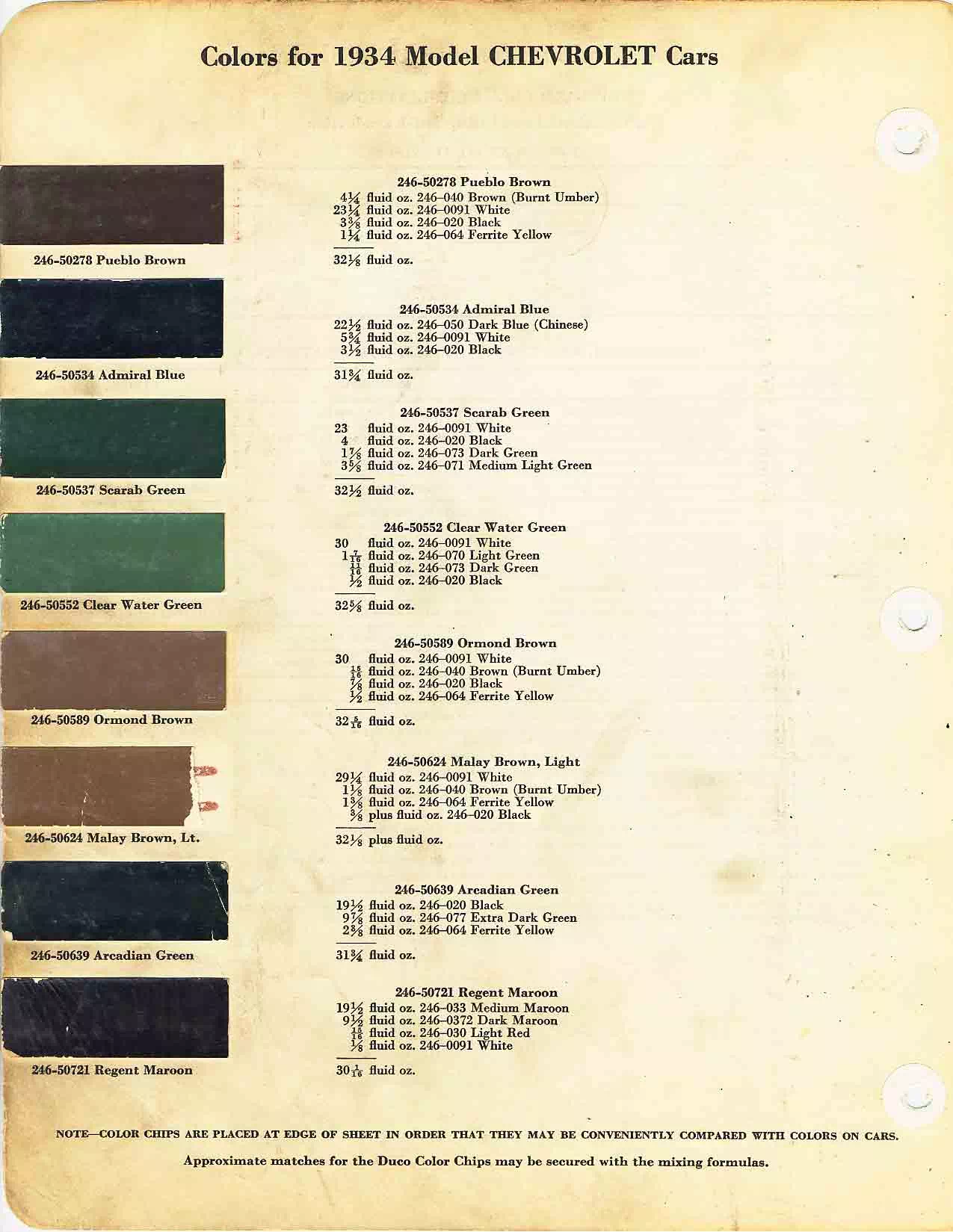 Color chart for 1934 motor vehicles exterior paint code.  Examples of Colors and ordering codes.