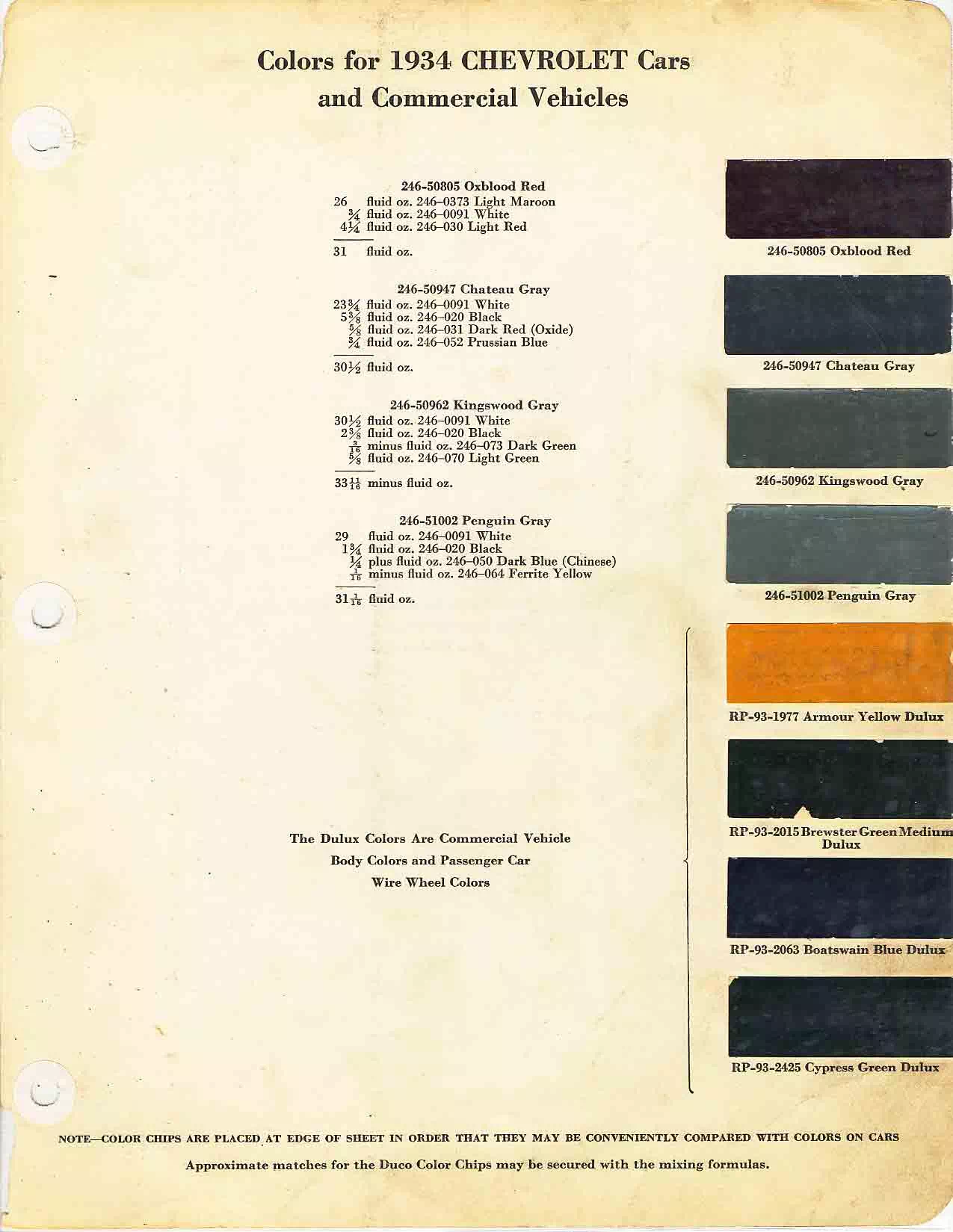 Color chart for 1934 motor vehicles exterior paint code.  Examples of Colors and ordering codes.