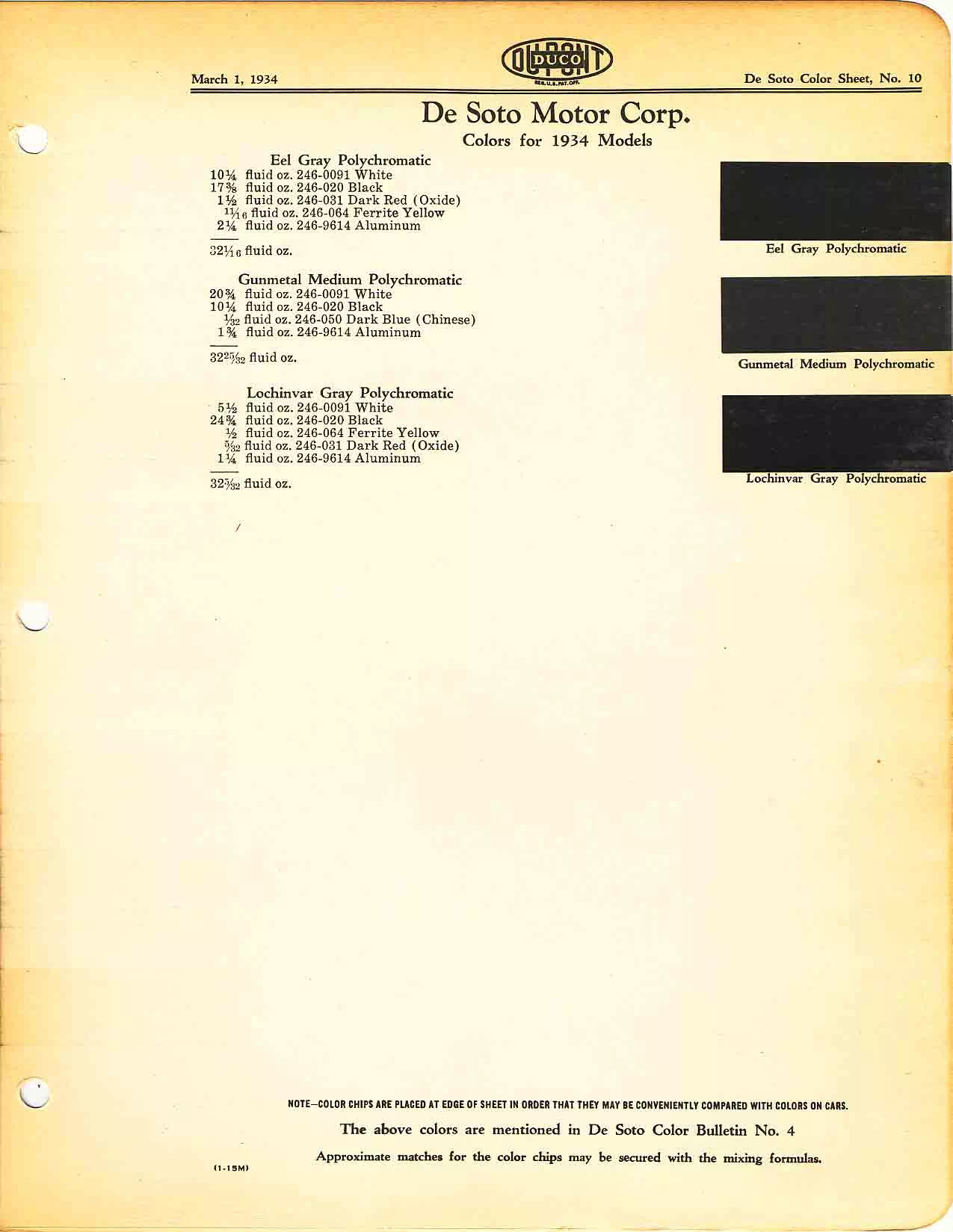 Color chart for 1934 motor vehicles exterior paint code.  Examples of Colors and ordering codes.