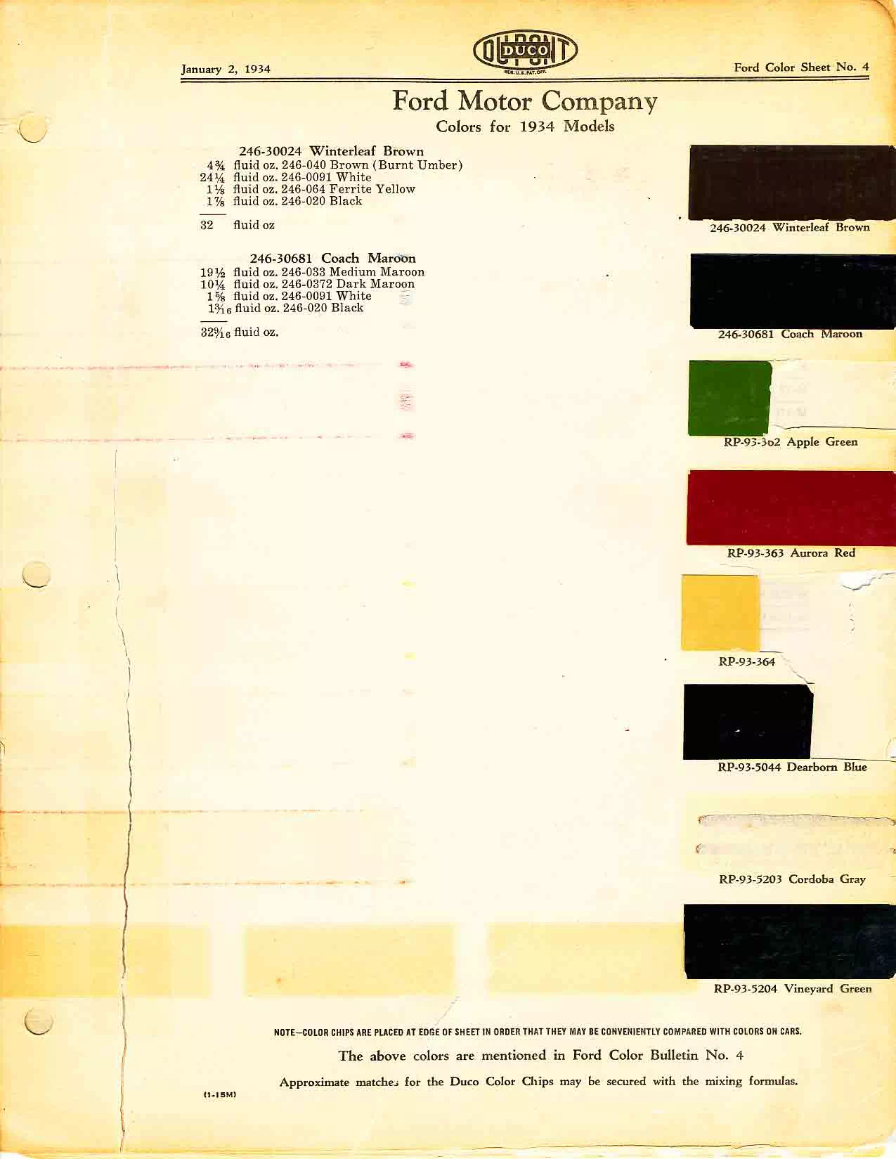 Color chart for 1934 motor vehicles exterior paint code.  Examples of Colors and ordering codes.