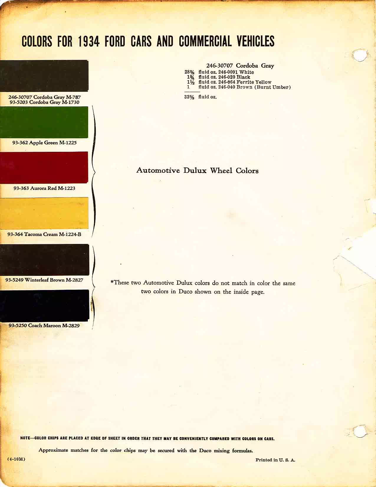 Color chart for 1934 motor vehicles exterior paint code.  Examples of Colors and ordering codes.