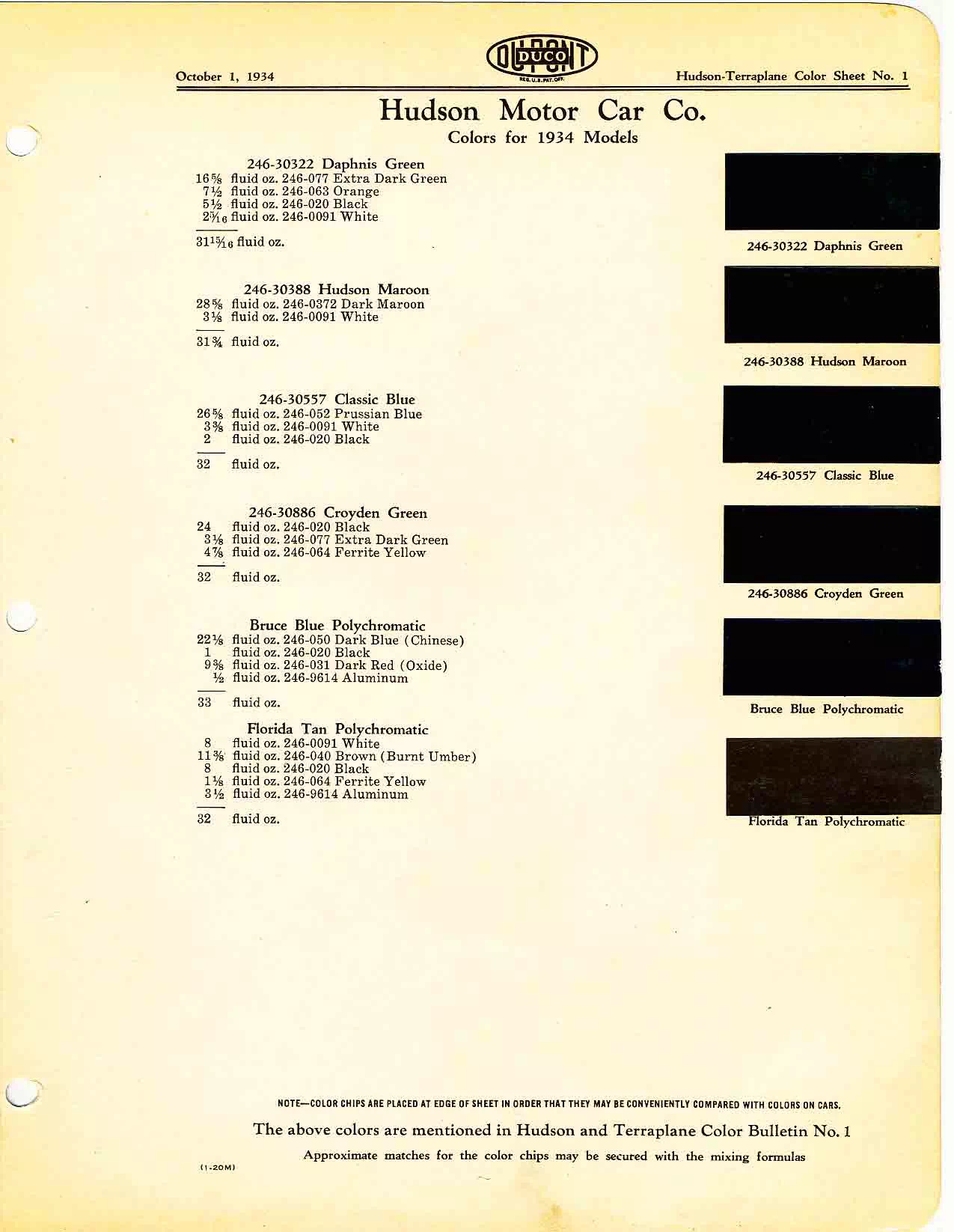 Color chart for 1934 motor vehicles exterior paint code.  Examples of Colors and ordering codes.