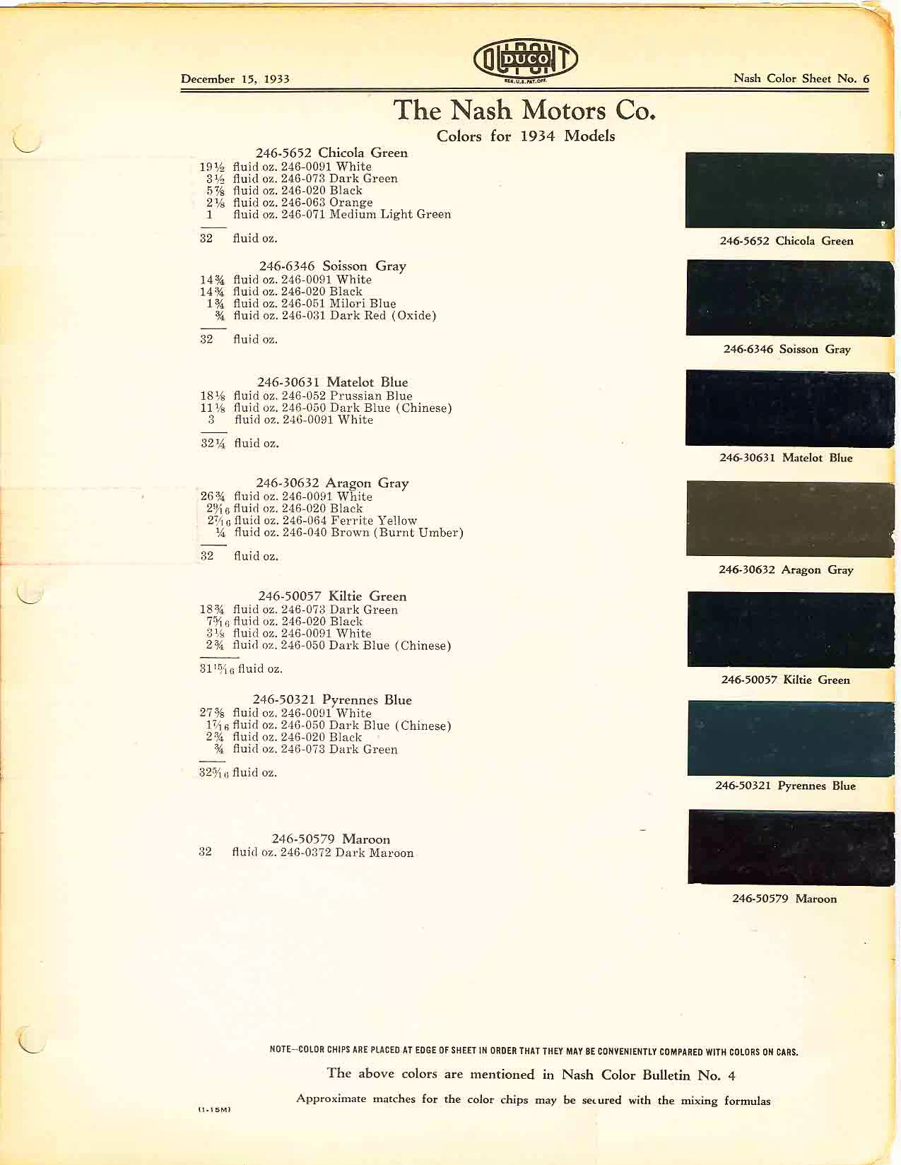 Color chart for 1934 motor vehicles exterior paint code.  Examples of Colors and ordering codes.