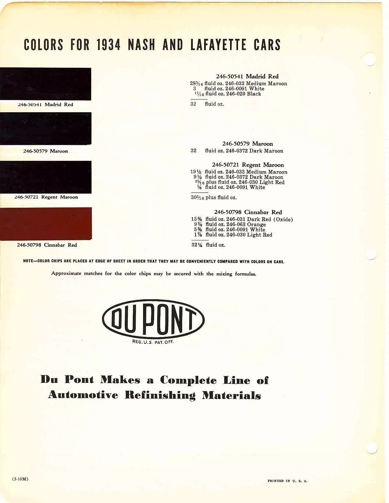 Color chart for 1934 motor vehicles exterior paint code.  Examples of Colors and ordering codes.