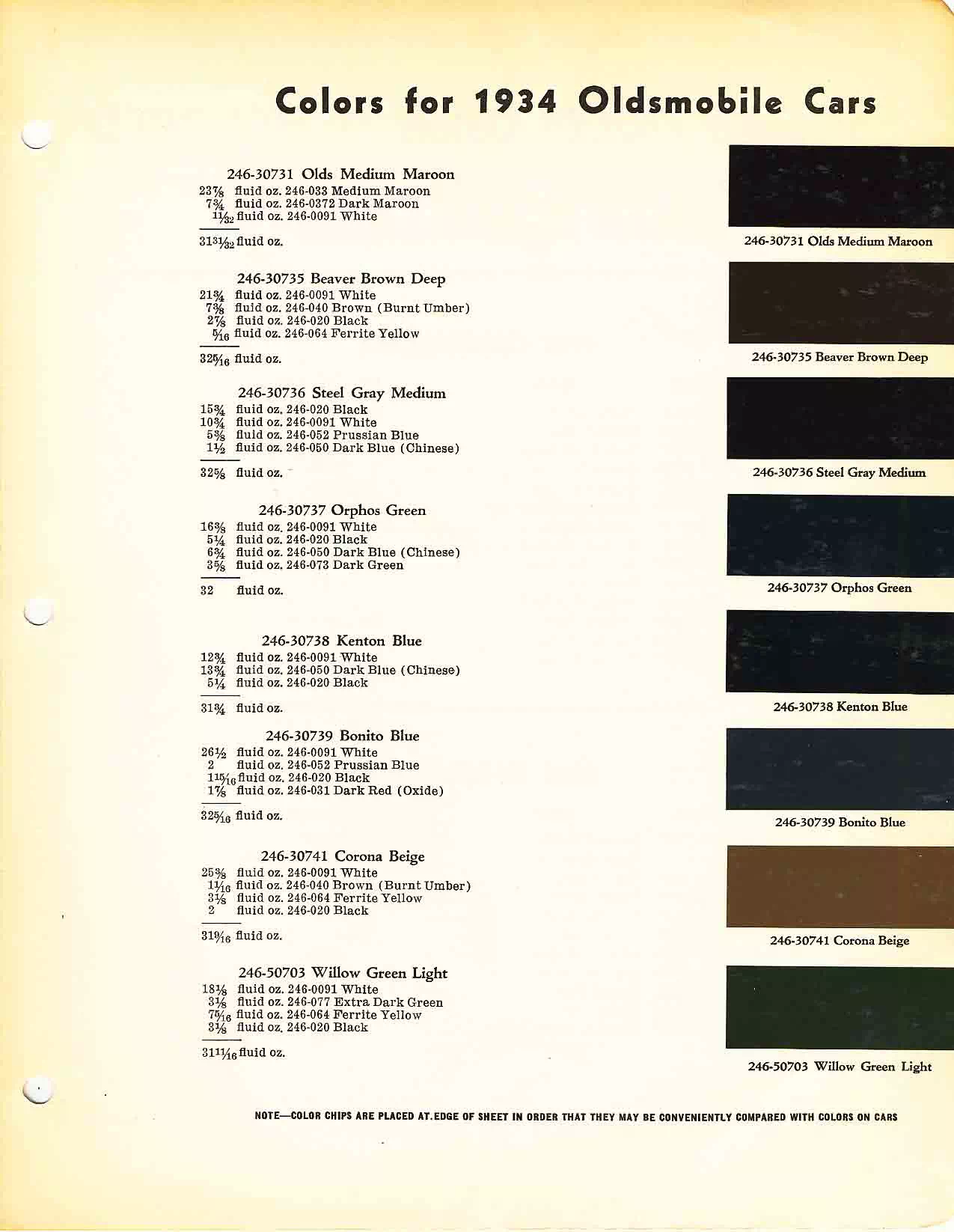 Color chart for 1934 motor vehicles exterior paint code.  Examples of Colors and ordering codes.