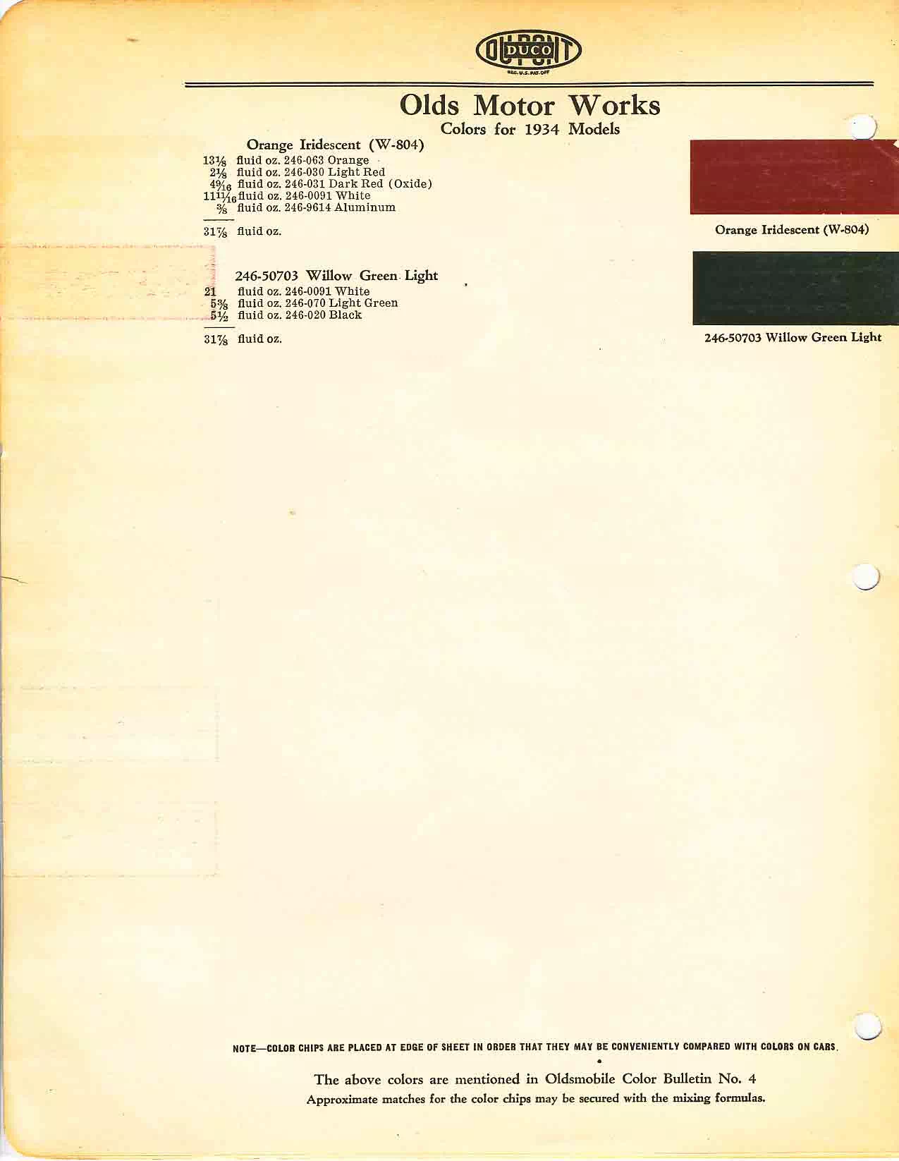 Color chart for 1934 motor vehicles exterior paint code.  Examples of Colors and ordering codes.