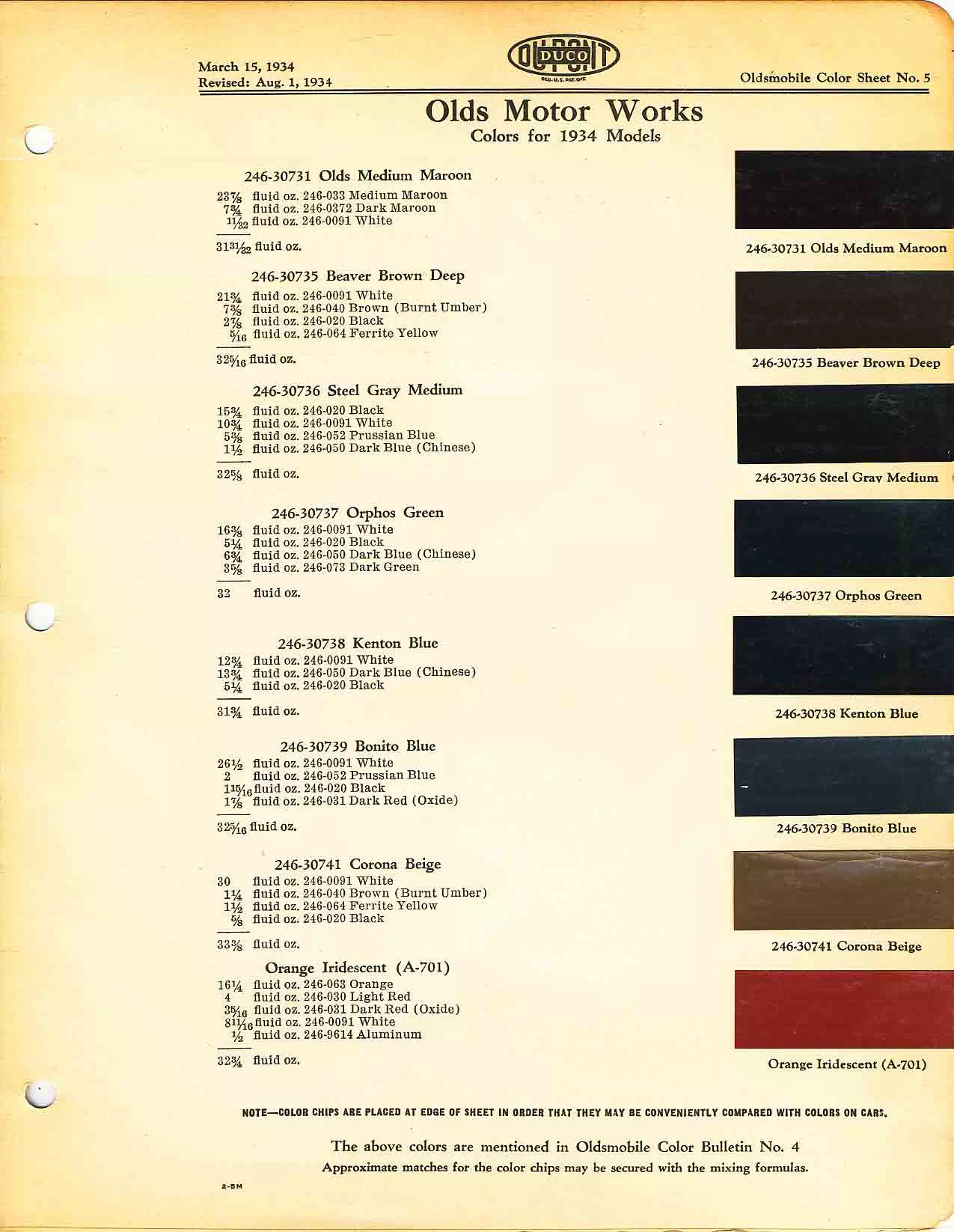 Color chart for 1934 motor vehicles exterior paint code.  Examples of Colors and ordering codes.