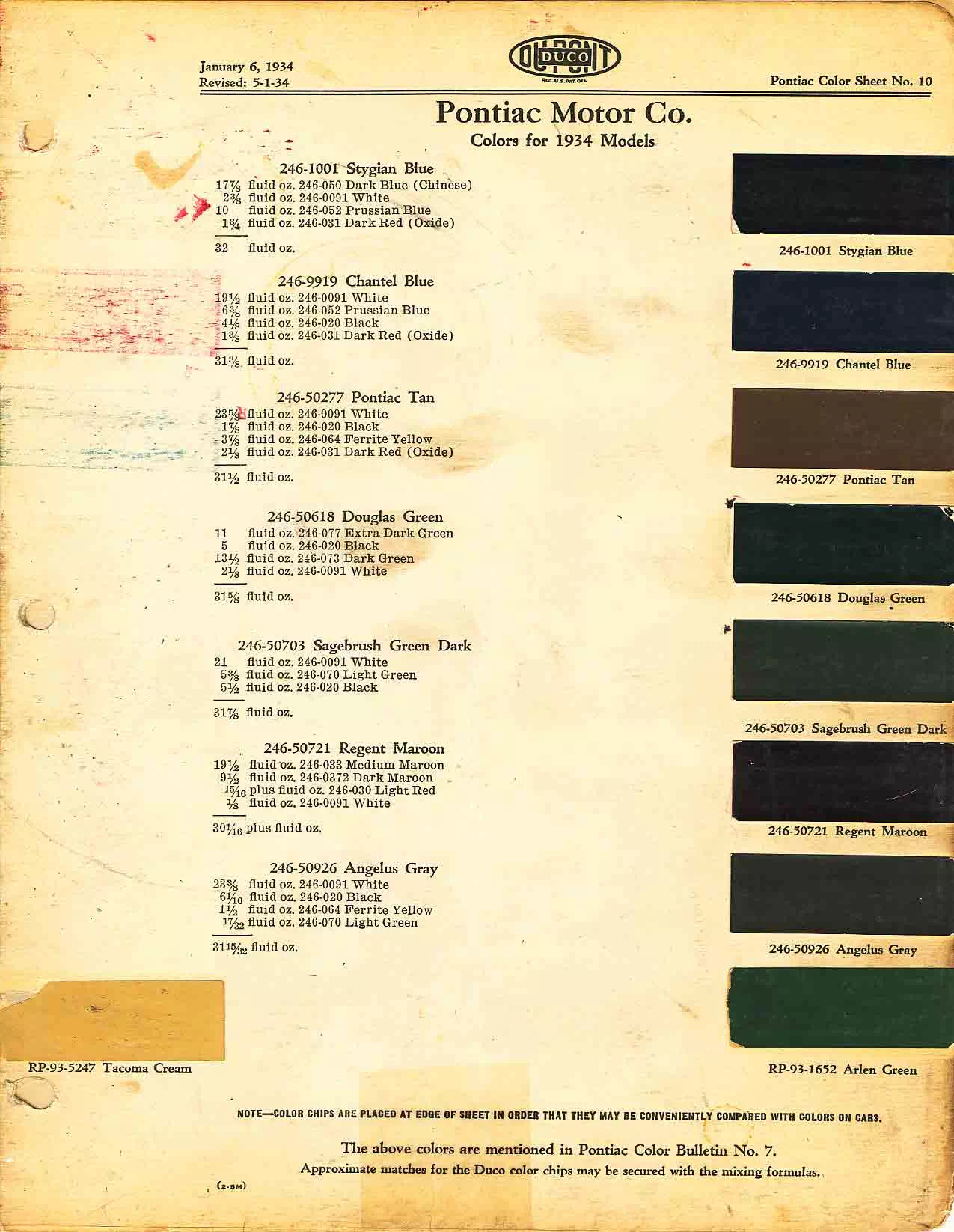 Chart that shows the Colors used on Pontiac Vehicles and the Code to look them up.